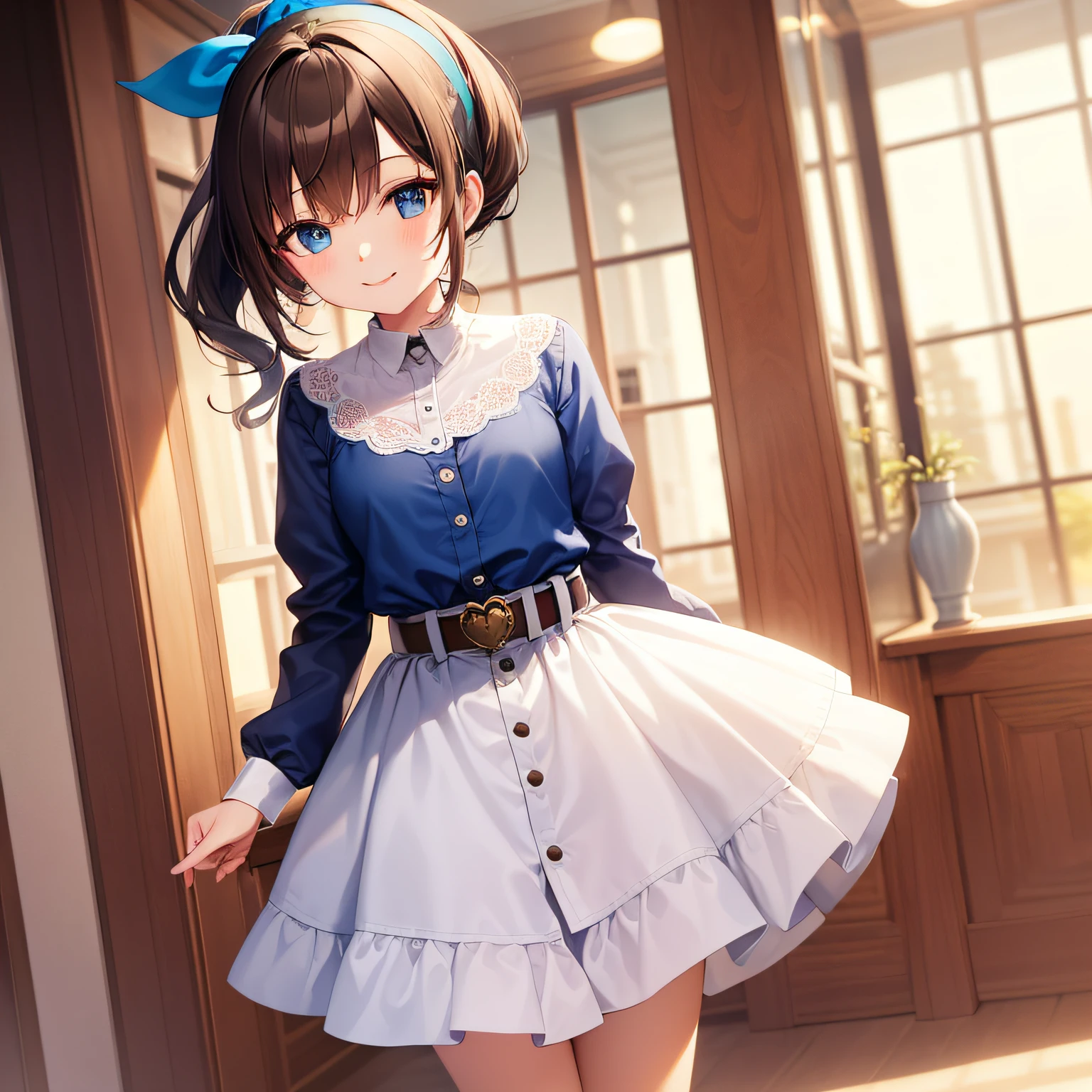 top quality, very delicate and beautiful, girl, , (dark brown hair), blue clothes with vertical buttons, belt at the waist, white skirt, (ponytail)), (white hair band), (brown boots), blue eyes, standing, smile,