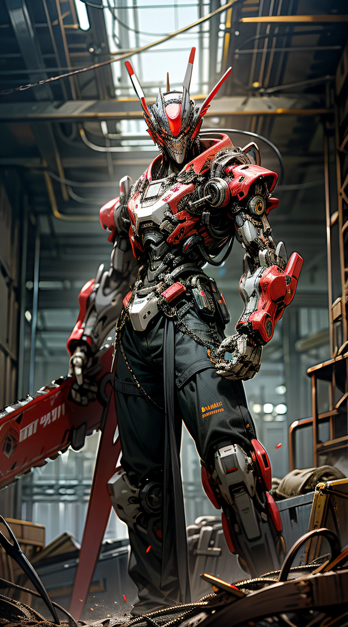 Dark_Fantasy,Cyberpunk,(chain saw,chain saw man,Red:1.1),1man,Mechanical marvel,Robotic presence,Cybernetic guardian,