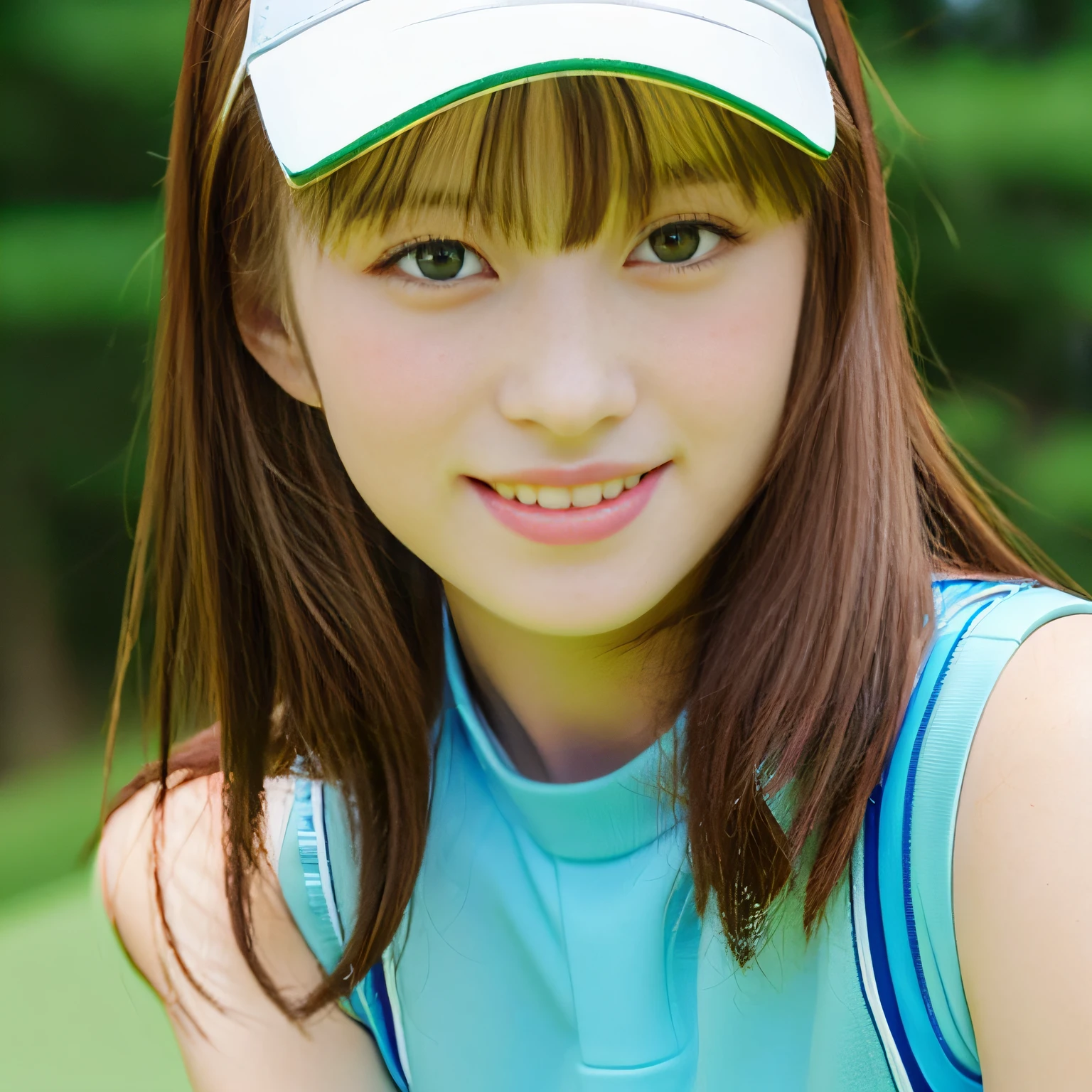 Beautiful young woman on golf course, Japan pretty girl, perfect face, beautiful and cute, wearing sun visor, sleeveless, full body white wear, setup, super mini skirt, trained body, putting on the green (full body, close-up shooting), looking at the camera, [smiled, surprised], frank, professional, (raw, 8K, UHD, Fujifilm XT3), soft focus, highly detailed face, high socks, white golf shoes,