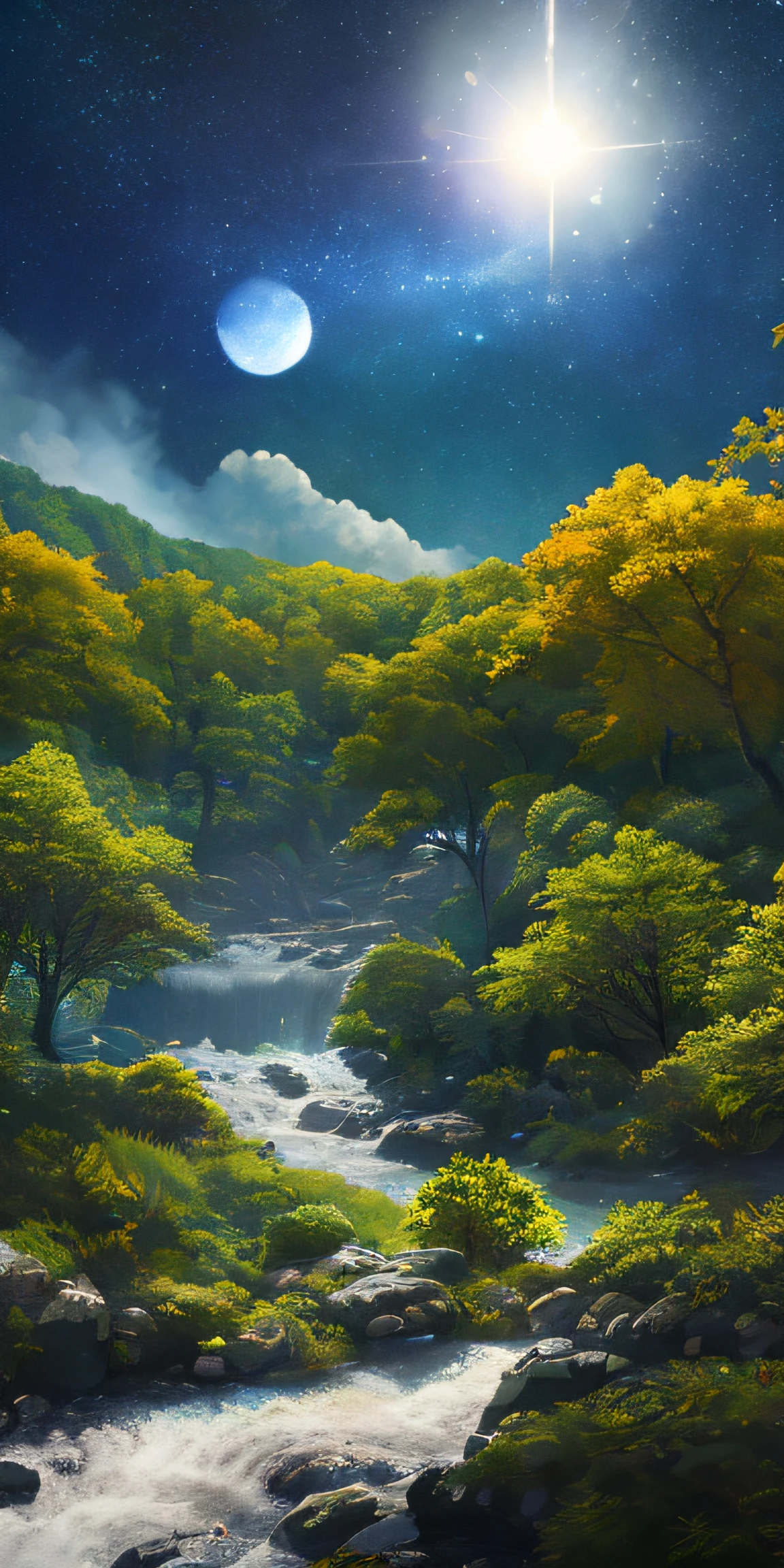 Illustration of a hyperrealistic , otherworldly, ultrasky scene featuring a giant crystal tree full body,very detailed and magical lighting, intricate forest details, vegetation and river around, solarpunk ,landscape, giant tree, beatifull leafy with beautiful lighting and realistic proportions, as if it were a cinematic background, 8k, highest quality, masterpiece, clouds and stars in the sky.