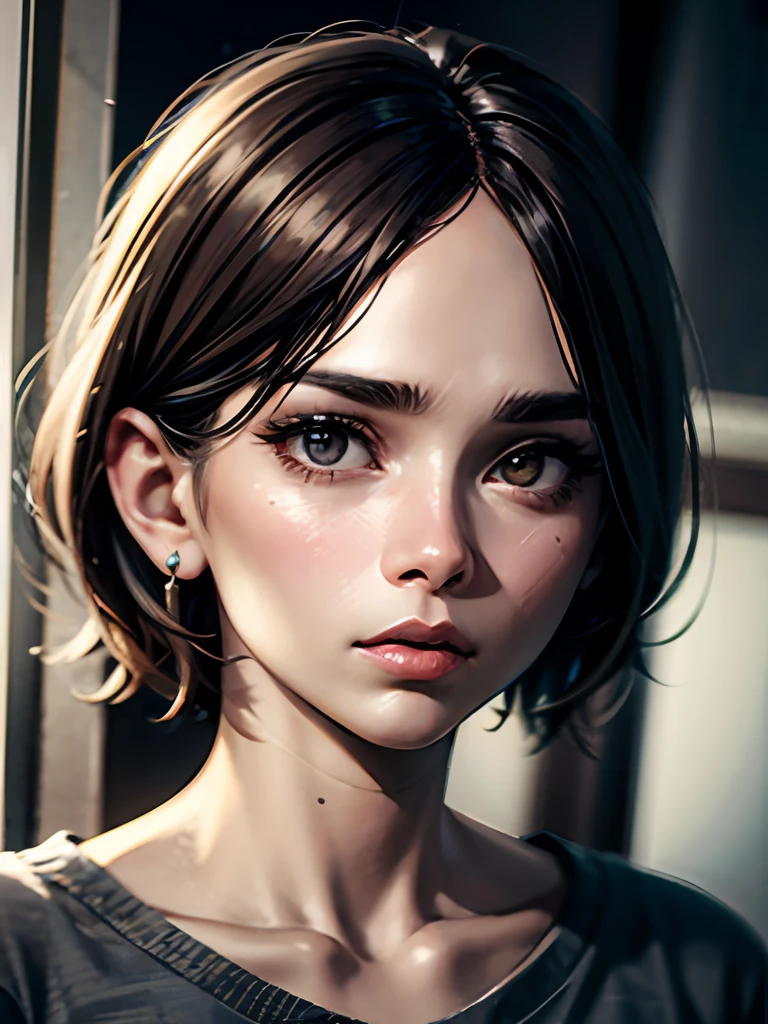 [25-year-old female],[face: Oval], [eyes: narrow eye shape, brown color, thick and curved eyebrow shape], [Nose: Tall shape, big hole], [Mouth: thick lip shape, Neat teeth], [Chin: square chin shape, Strong jaw chin], [Hair: Short hairstyle, brown color,], [Ears: Big ear shape], [Skin: brown skin color, Smooth skin texture], [Facial expression: moody], [Hand: left hand using black watch, left hand using mobile phone] [Top clothes: T-shirt, brown color, plaid pattern, delicate texture, casual wear style, folded clothing design, well-maintained clothing condition] Professional photograph of a stunning man detailed, cinematic lightning, octane render, unreal engine, volumetrics dtx