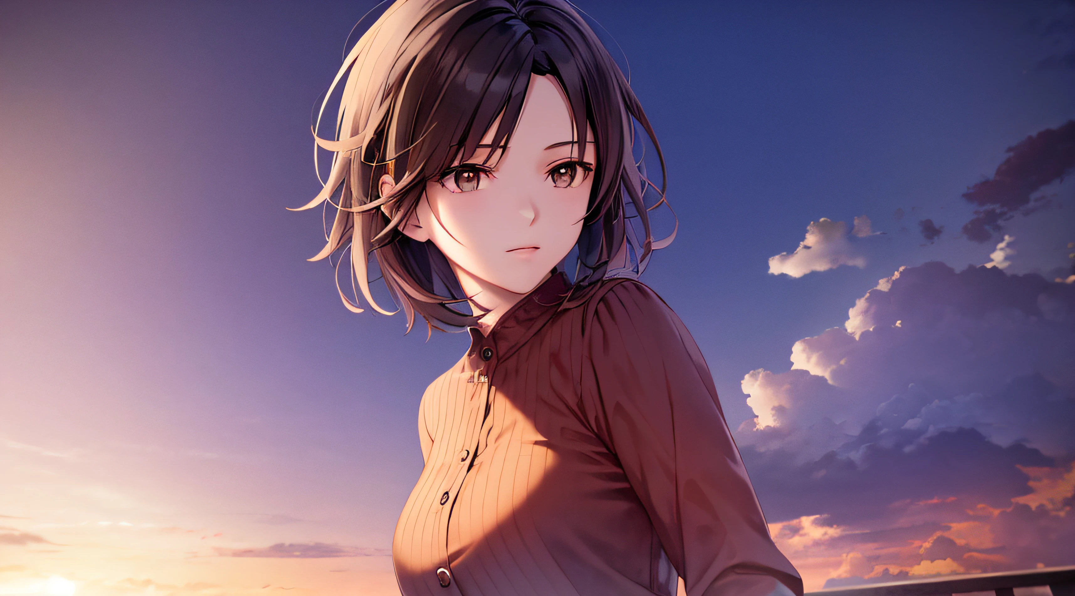 Very detailed and precise anime style illustration, very beautiful woman, brown short hair, perfect round gray eyes, solo, wearing a red shirt, background is clouds dyed in sunset, backlight, Makoto Shinkai CG art.