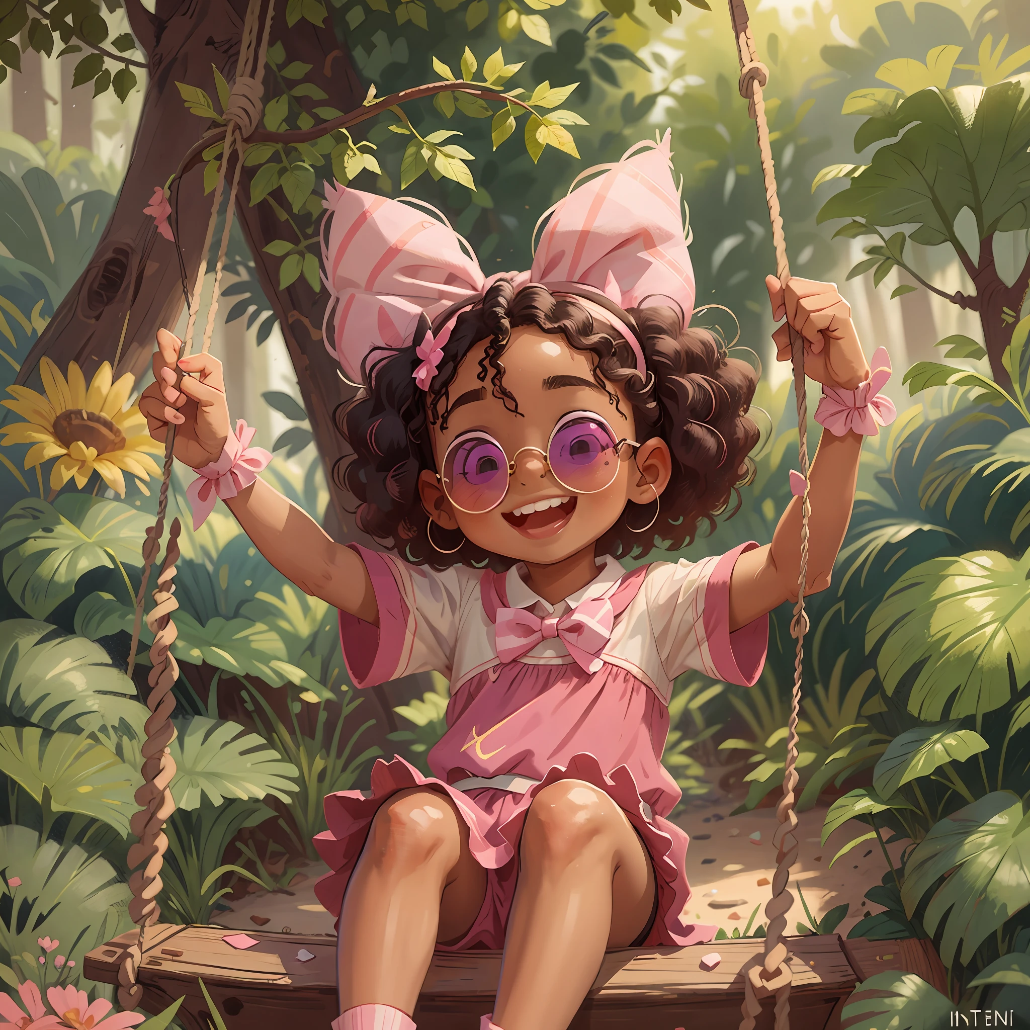 5-year-old Afro-descendant girl, with hair split in half, with pink bow with sunglasses, cheerfully on the swing (intero body)