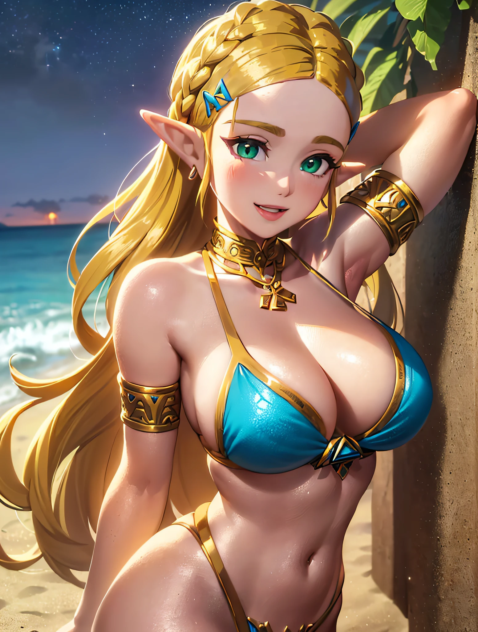 ((masterpiece)),(illustration),(((best quality)),iridescent, high resolution illustration,Amazing,highres,intricate detail, extremely detailed CG unity 8k wallpaper ((zelda)), large breasts, upper_body, (delicate cute face), blond long hair, lovestruck,(green eyes), beach, moonlight, night time, bikini, smile,