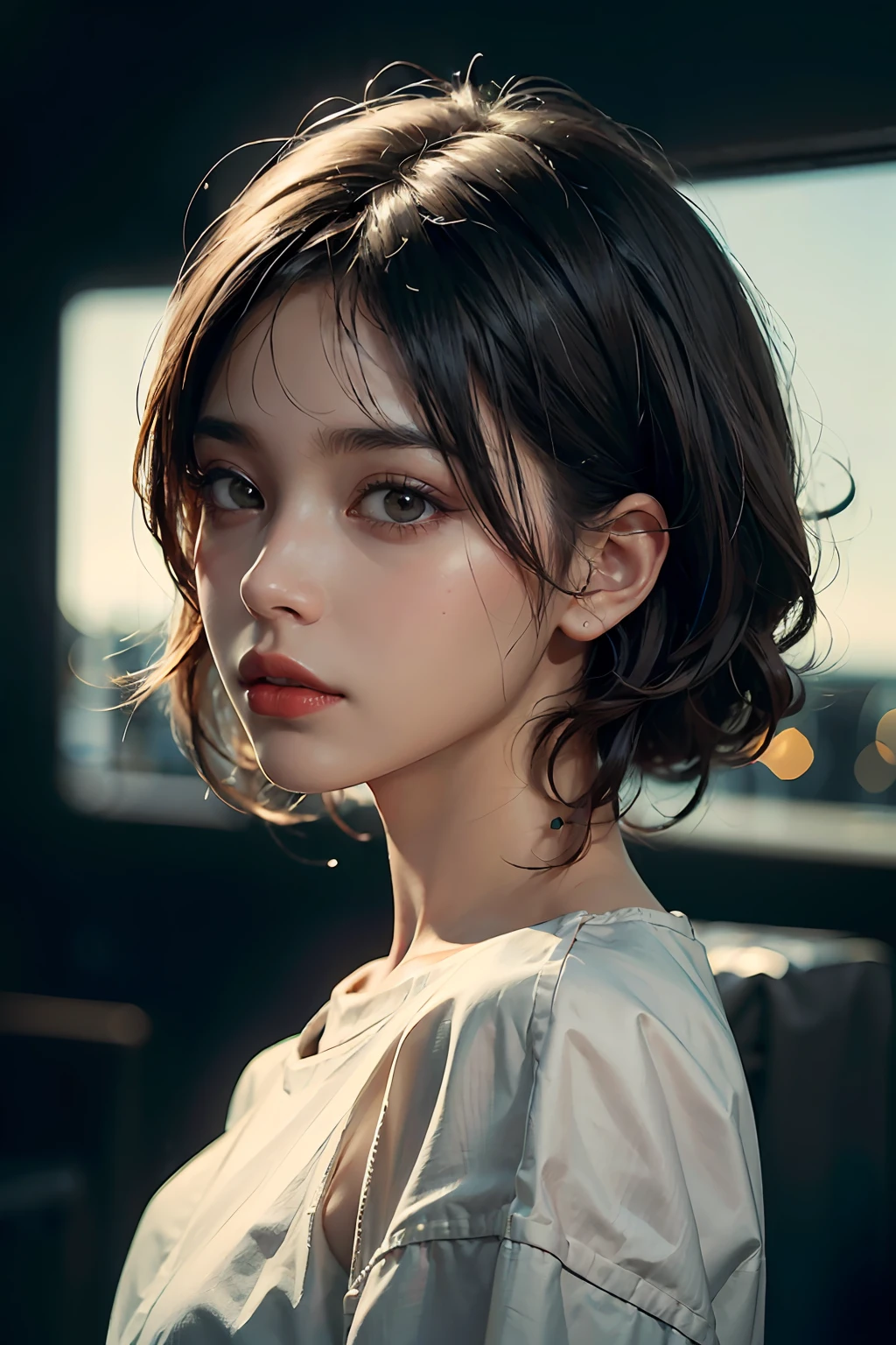 a 30 yo woman,(hi-top fade:1.3),long hair,dark theme, soothing tones, muted colors, high contrast, (natural skin texture, hyperrealism, soft light, sharp),