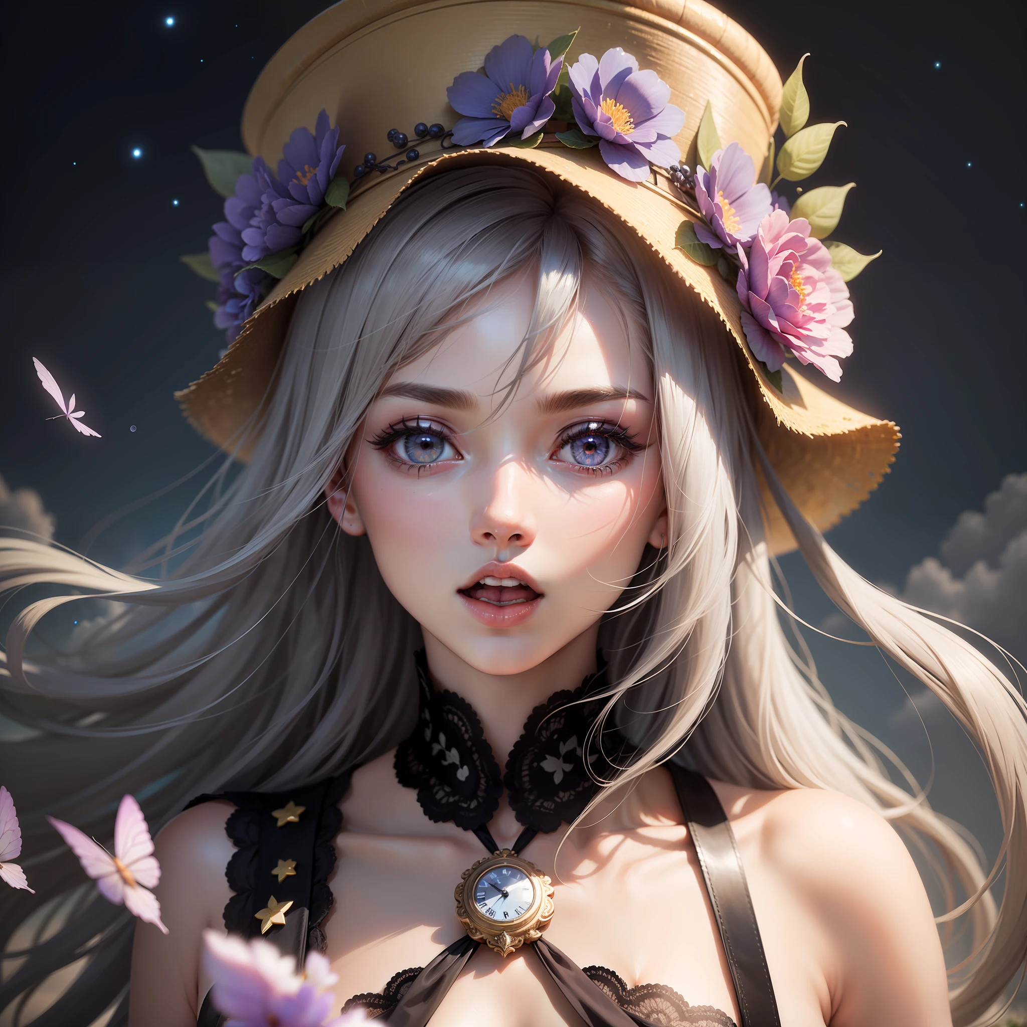 Art, Style, 1 Girl, High Resolution, High Quality, Masterpiece, Purple Eyes, Small Hat, Long Hair, Fine Hair, Gray Hair, Dynamic Angle, (Delicate Eyes), (Depth of Field), Dynamic Pose, Dynamic Light, Purple Flowers, Clock, Stars \ (Sky), Floating Hair, Open Mouth, Nikkon D6, 50mm Lens F2.0, Butterfly, Focus on Eyes, Clear Focus on Face, Gray Background,