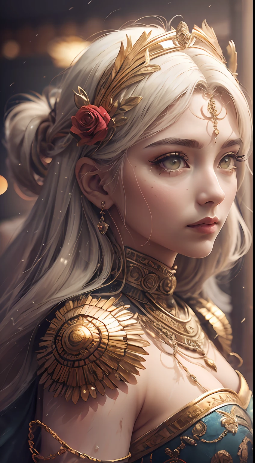 (Masterpiece:1.2), best quality, (illustration:1.2), ornate decorations,(Masterfully crafted Glow, lens flare), (ultra-detailed), hyper details, (delicate detailed), (intricate details), (cinematic light, best quality Backlights),(bioluminescent hair), (glowing eyes), (Dynamic:1.2), ((makeup)), absolutely eye-catching, prehistoric,((colourful paint splashes on background, dulux,)), ((caustic)), dynamic angle, (Captivating),(Intricately Detailed Cinematic :1.1), ambient occlusion, ambient light, ray-traced reflections,(best illumination, an extremely delicate and beautiful), ((cinematic light)), colourful, powerful, (Cinematic masterpiece),big dreamy eyes, perfect proportions, perfectly drawn face, Albedo, white hair, chains, comfortable, Intense, day, Golden sky, Inticing, illustration, Angels everywhere, yellow eyes, red roses, chains, splashes of colour, smooth soft skin, Golden Hour, atmospheric, Park, Fields, Bullets, Breath-taking, ambient light coming from sky, soft warm glow coming from chains, god rays, halo, beautiful intricate coloured hair, symmetrical, soft lighting, , concept art, digital painting, looking into scenery, realistic reflections, tracers everywhere --auto --s2