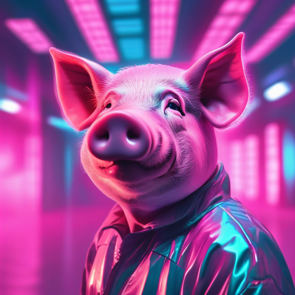 Anthropomorphism, vaporwave pig, realistic portrait photography for film shooting + dynamic composition, incredible detail, sharpening, detail + intricate details + professional lighting, film lighting + 35mm + anamorphic + light room + cinematography + bokeh + lens glare + film grain + HDR10 + 8K + Marcin Nagraba + Rebecca Mirren