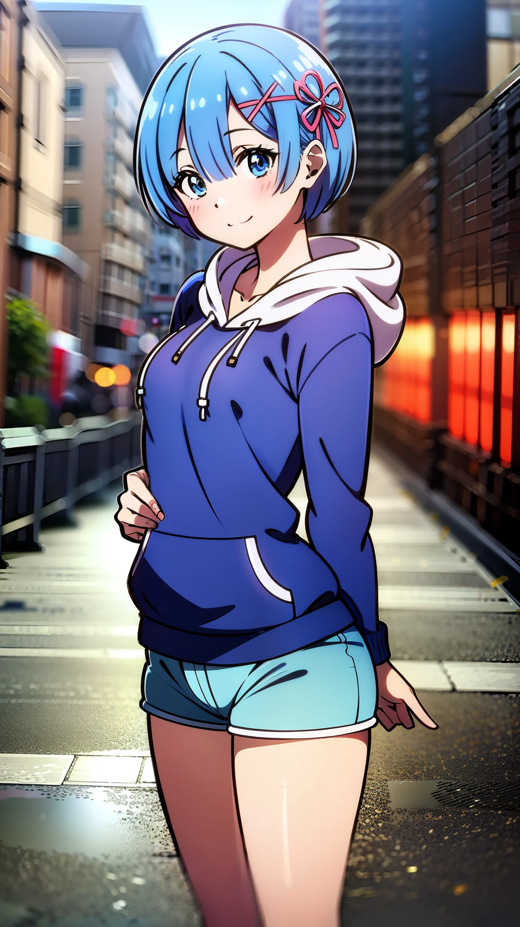 Masterpiece, rem rezero, blue eyes, happy face, blue hoodie, medium breasts, dark shorts, arms at the sides, in the middle of the street