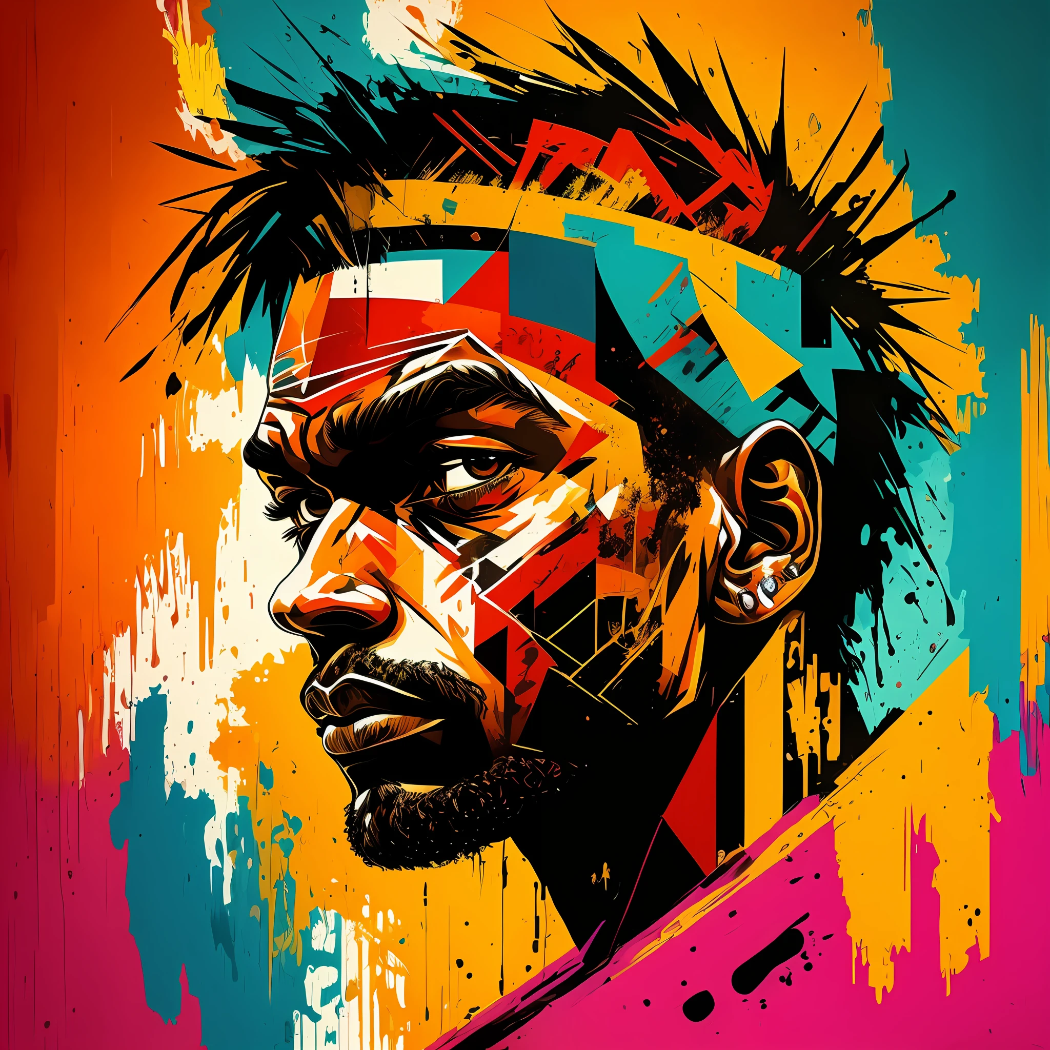 Based on the previous image, abstract, colorful and rough in Basquiat style, wall painting, unique image of profile lebron --auto