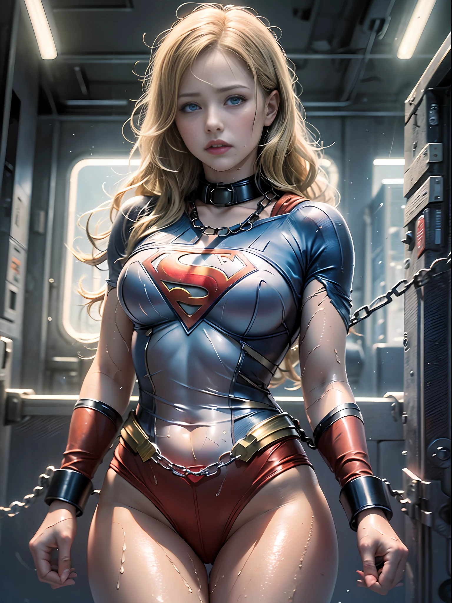 1 Supergirl, big, tears, blush, agony, (((wet skin)), bright red Hitomi, indoor, (on_back), crotch, bottomless, prisoner avrola, super heroine clothes totally torn, tied, transparent clothes, metal collar, handcuffs, slave, chains, handcuffs, world of the marquis of sad, best quality, Supergirl's masterpiece, ultra high res, (photorealistic: 1.4), RAW photo, blonde with blue eyes,  Superman's S symbol on the chest.