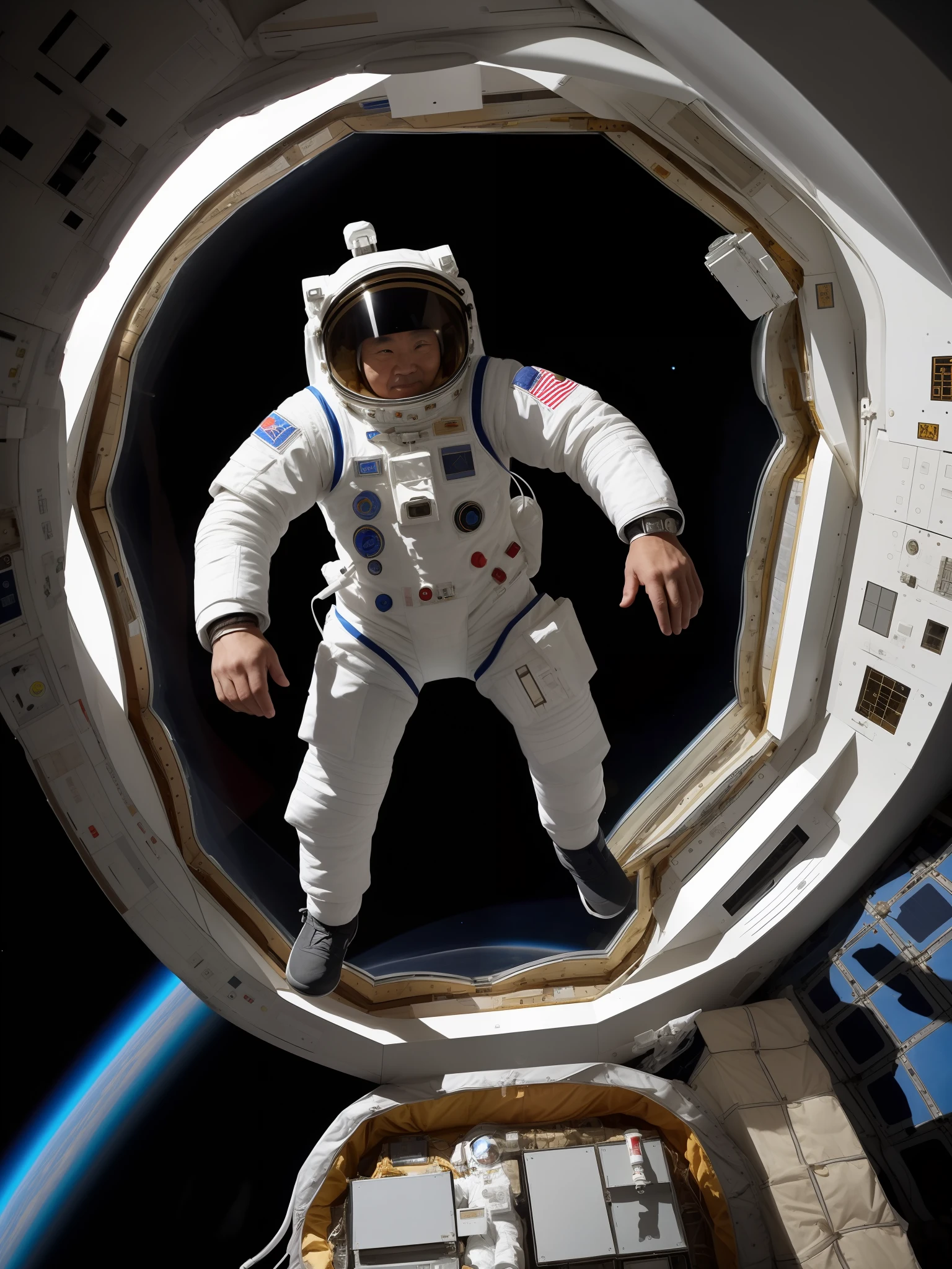The old man of China, dressed in a gorgeous formal space suit with a serious face, was in the space station and appealed to the camera.