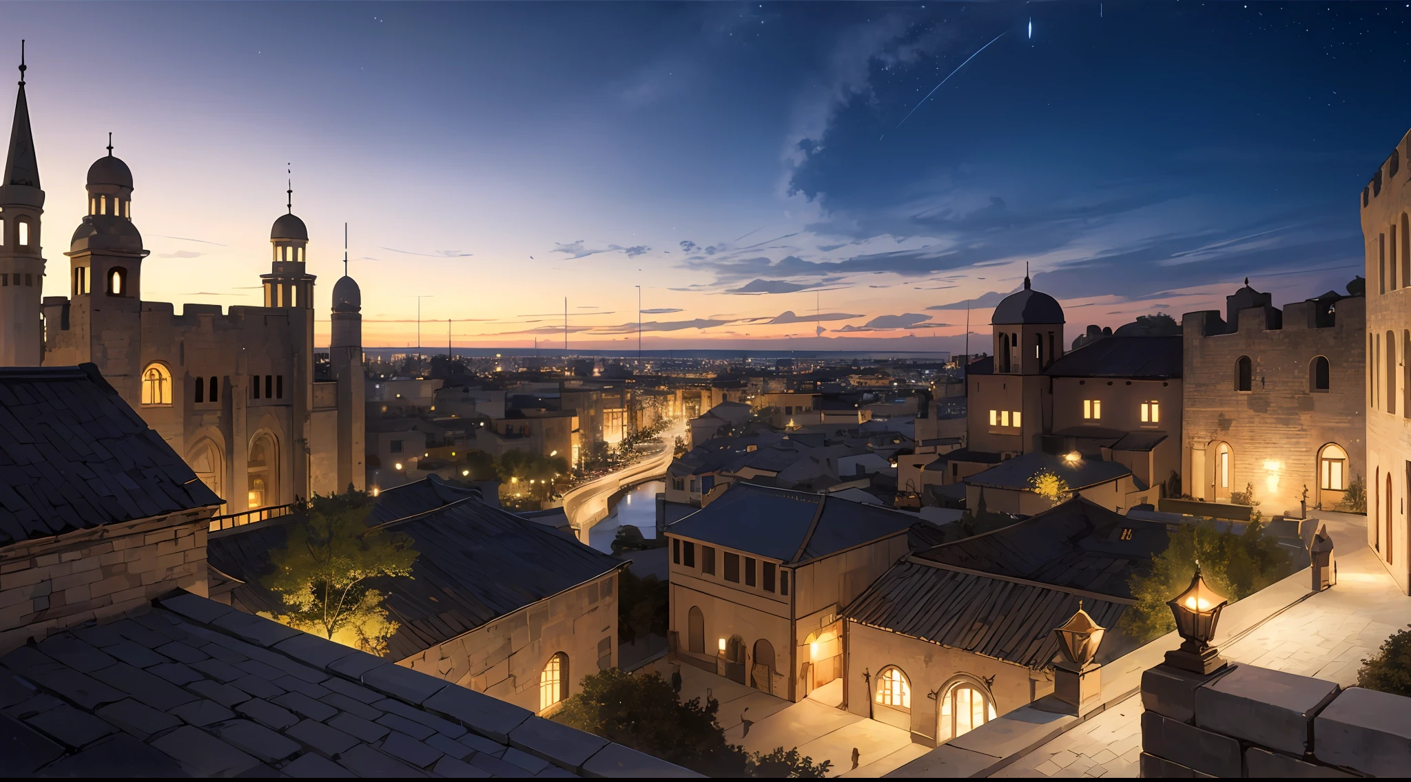 The vast sky, the beautiful horizon, oasis, star shining brightly, clear sky, ancient city surrounded by walls