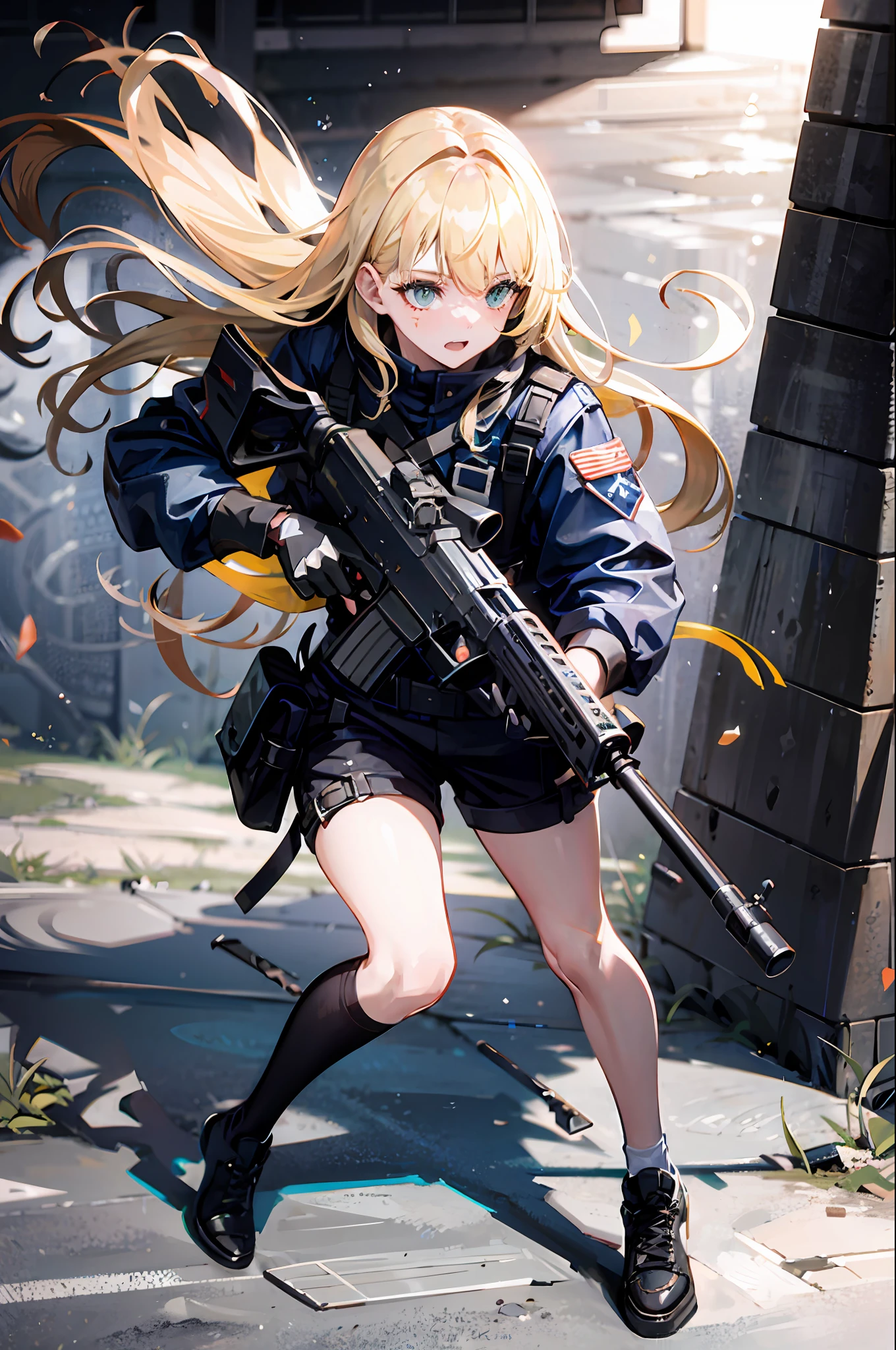 {{Masterpiece, top quality, highly detailed CG, unified 8k wallpaper, movie lighting, lens flare}}, girl shooting rifle, wide view, full body, thick body, long blond hair, green eyes, (holding a weapon, holding a rifle, aiming, aiming: 1.4), gun, h&k hk416, carbine, open fire, firing, (1 girl soldier aiming a huge rifle), 24 years old, teeth out, special forces, from above, knee shooting,
