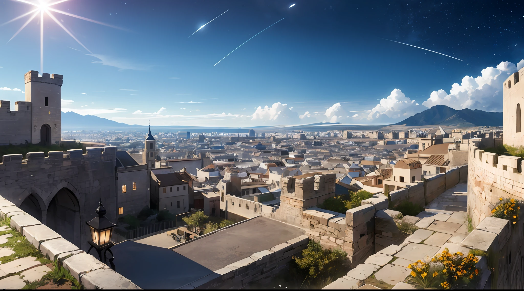 The vast sky, the beautiful horizon, oasis, star shining brightly, clear sky, ancient city surrounded by walls