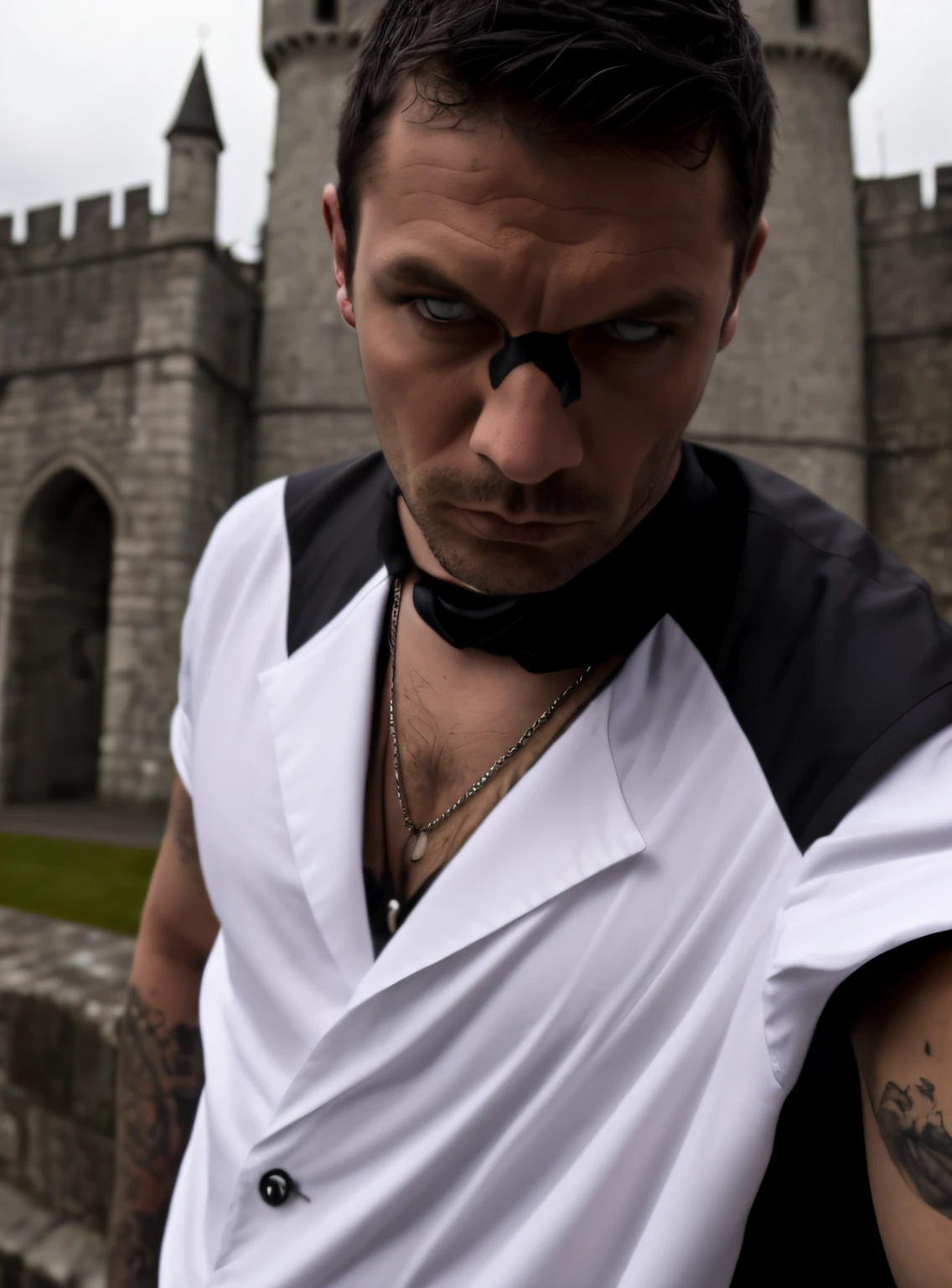 Gothic man, gothic clothes, white fur,demon eyes, castle in the background