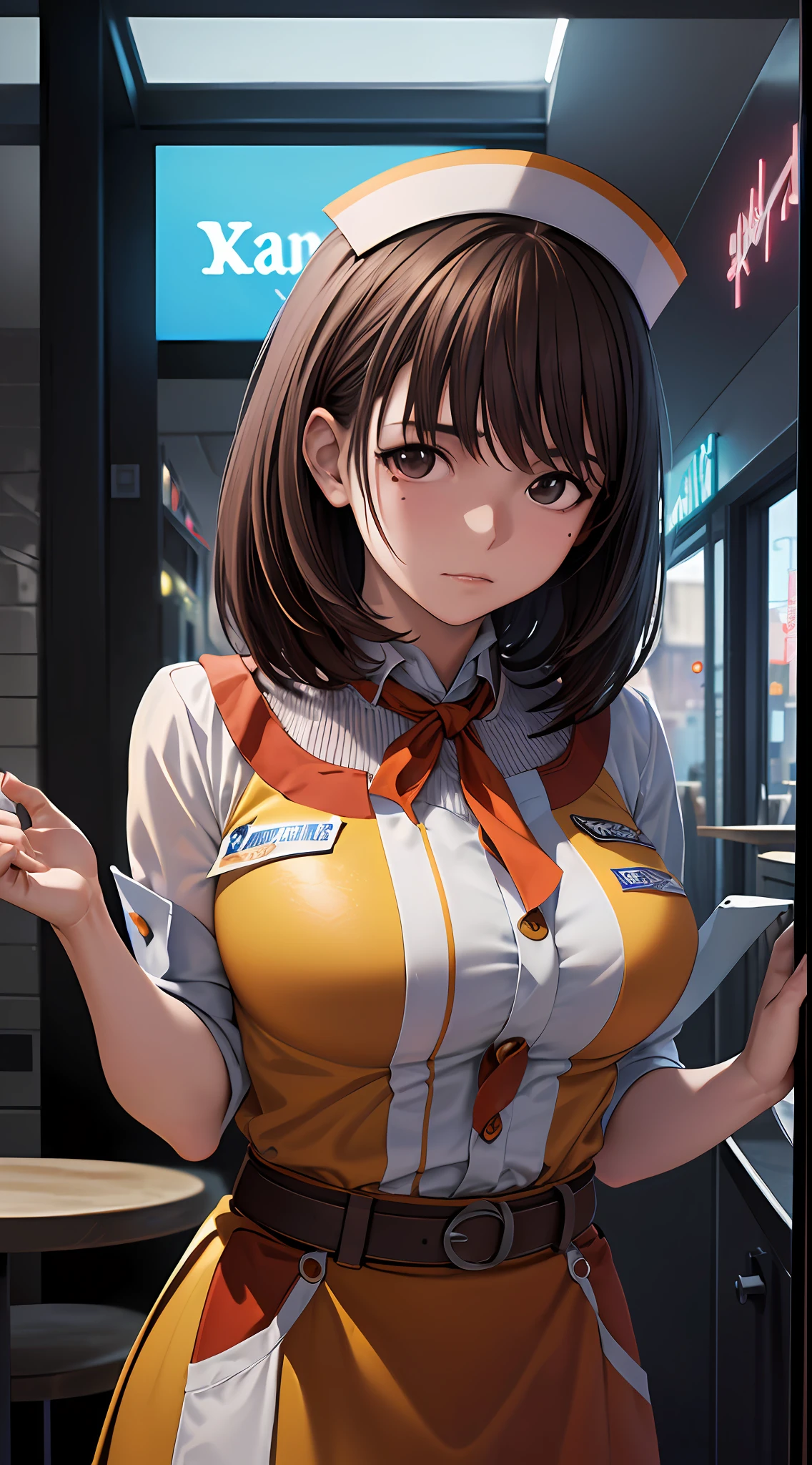 Anime girl with big breasts posing in front of the window, ((waitress uniform: 1.2))),((no bra)), are see-through)), (((looks away in embarrassment)), ((upper body)), ((focused on people)), ((brown hair)), ((looking from the front)), ((hands down)), seductive anime girl, best anime 4k konachan wallpapers, perfect gray haired girls, charming anime girls, 4k anime wallpapers, 4k manga wallpapers,, detailed digital anime art, anime best girls, beautiful anime girls, cyberpunk, detailed anime artwork, beautiful attractive anime women