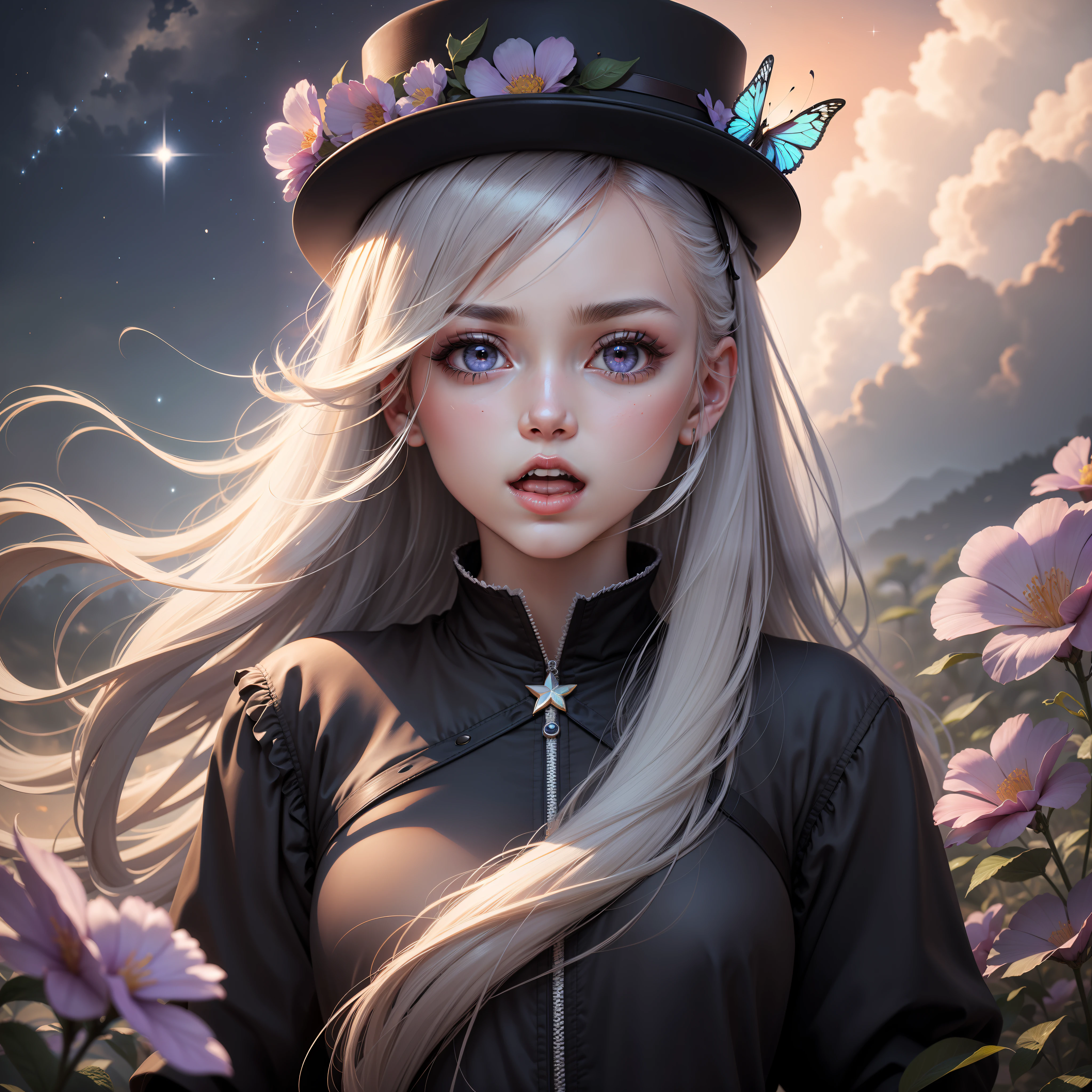 Art, Style, 1 Girl, High Resolution, High Quality, Masterpiece, Purple Eyes, Small Hat, Long Hair, Fine Hair, Gray Hair, Dynamic Angle, (Delicate Eyes), (Depth of Field), Dynamic Pose, Dynamic Light, Purple Flowers, Clock, Stars \ (Sky), Floating Hair, Open Mouth, Nikkon D6, 50mm Lens F2.0, Butterfly, Focus on Eyes, Clear Focus on Face, Gray Background,