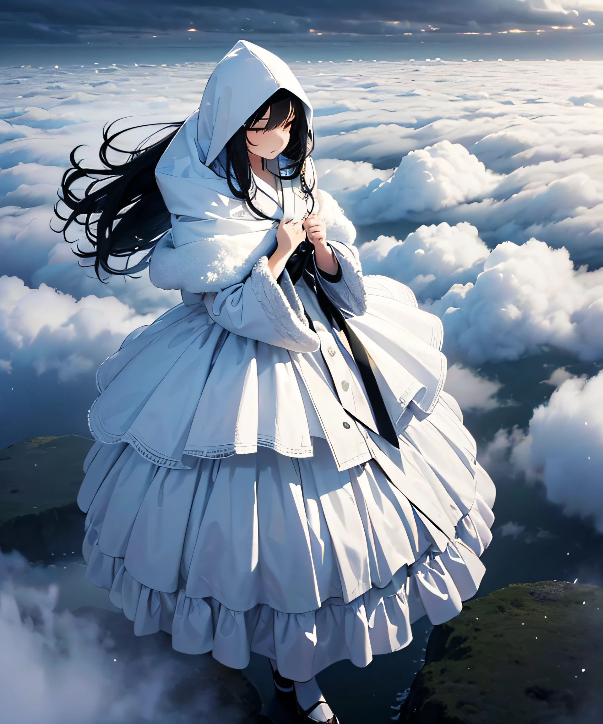 Masterpieces, (Illusion: 1.5), Ghost of a Beautiful Woman, White Costume, ((Death Costume)), (Sutra Mail), (Triangular Hood on the Forehead), (Kimono)), Monochrome, (Snowy Forest), (Dream: 1.5), Scary Dream, ((Dense Fog: 1.8)), ((Fog so thick that it is difficult to see)), Dry Ice, (((Coming out of dense fog: 1.8))), ((Image born from thick fog: 1.8)))), (Fog Dissipation: 1.5), ( Snow Storm: 1.5), In the Deep Forest, (Snow Falling: 1.5), (Anger), (Sad), (Melancholy), Beautiful Snow Woman, Beautiful and Beautiful, (Sea of Clouds)), ((Above the Clouds)), Night, (Pitch Black Darkness), (Snow Reflection Light), Black Hair Long, Hair Gloss, Snowflake, Snowflake Hair Ornament, Snow Mountain, Full Body, Black Hair Flying in the Wind, ((((Cloudy)))), Jet Black, (White Sigh: 1.5), Sigh becomes a Snowstorm, Foot, ( Snow smoke hides your feet: 1.5), snow smoke, (sigh: 1.5), 18 years old