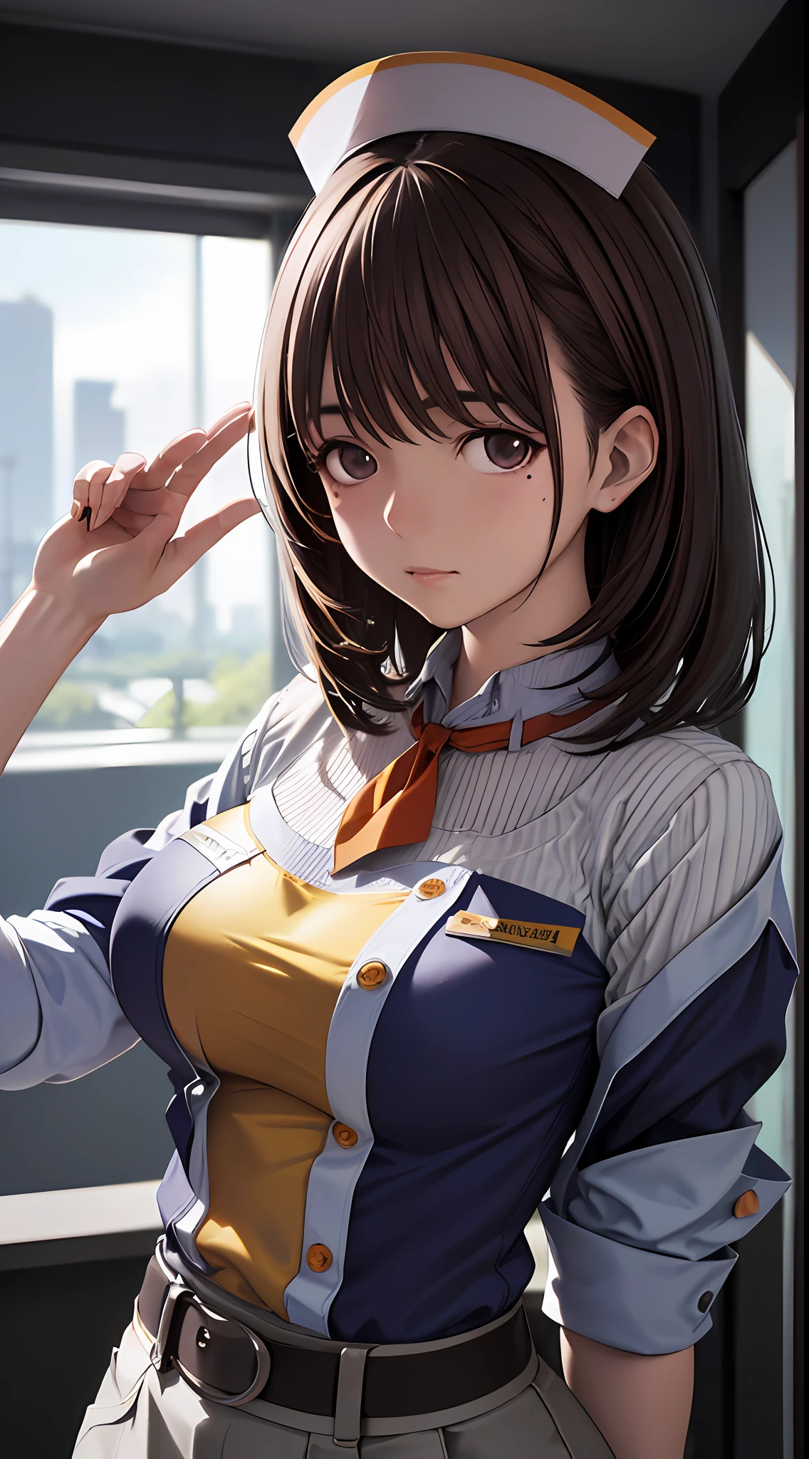 Anime girl with big breasts posing in front of the window, ((waitress uniform: 1.2))),((no bra)), are see-through)), (((looks away in embarrassment)), ((upper body)), ((focused on people)), ((brown hair)), ((looking from the front)), ((hands down)), seductive anime girl, best anime 4k konachan wallpapers, perfect gray haired girls, charming anime girls, 4k anime wallpapers, 4k manga wallpapers,, detailed digital anime art, anime best girls, beautiful anime girls, cyberpunk, detailed anime artwork, beautiful attractive anime women