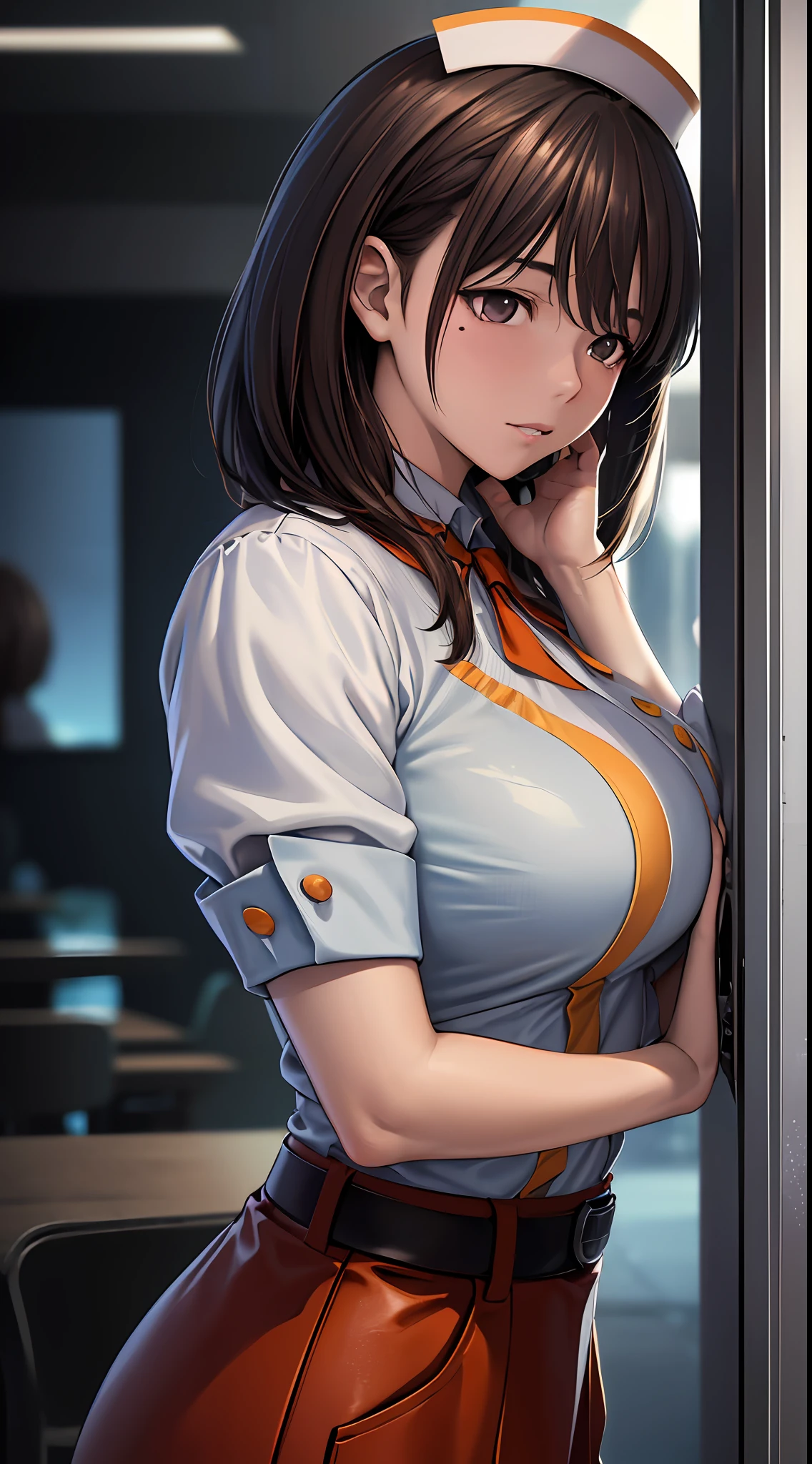 Anime girl with big breasts posing in front of the window, ((waitress uniform: 1.2))),((no bra)), are see-through)), (((looks away in embarrassment)), ((upper body)), ((focused on people)), ((brown hair)), ((looking from the front)), ((hands down)), seductive anime girl, best anime 4k konachan wallpapers, perfect gray haired girls, charming anime girls, 4k anime wallpapers, 4k manga wallpapers,, detailed digital anime art, anime best girls, beautiful anime girls, cyberpunk, detailed anime artwork, beautiful attractive anime women