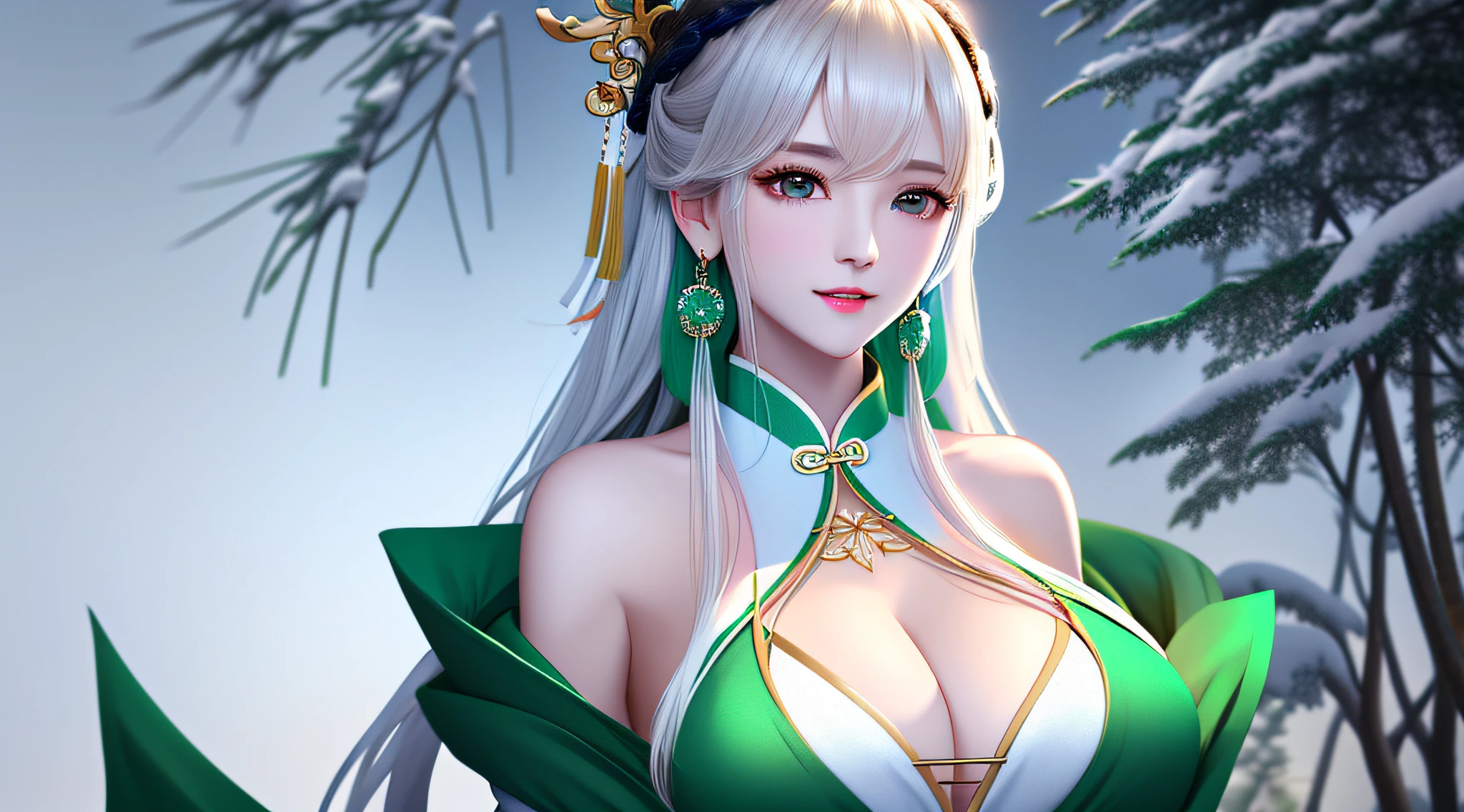 ((Very detailed CG)), ((8k_wallpaper)), (Masterpiece), Best Quality, High Resolution Illustration, Ultra Detail, High Resolution, ((Overexposure)), Bare Shoulders, (Upper Body), Head Tilt, Ceza, Seza, Sejing Smile, 1girl, Long hair, beautiful_face, Highly detailed and beautiful eyes, (Extremely delicate and beautiful), (Beautiful and detailed facial depiction), Mature women, Chinese Hanfu, green and white Taoist robes, earrings, Necklace, winter snow, masterpiece, superlative, bikini, exposed breasts, huge breasts, in the forest