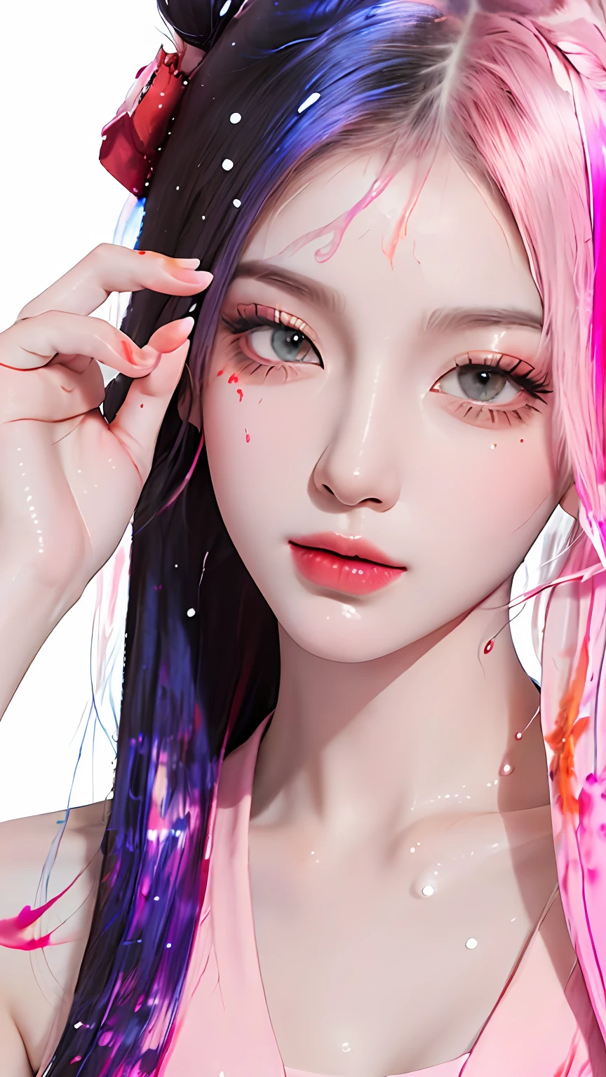 (Masterpiece, Best Quality, High Resolution), White Background, ((Paint Splash, Color Splash, Splash of Ink, Color Splash)), Sweet Chinese Girl, Rainbow Hair, Pink Lips, Front, Upper Body