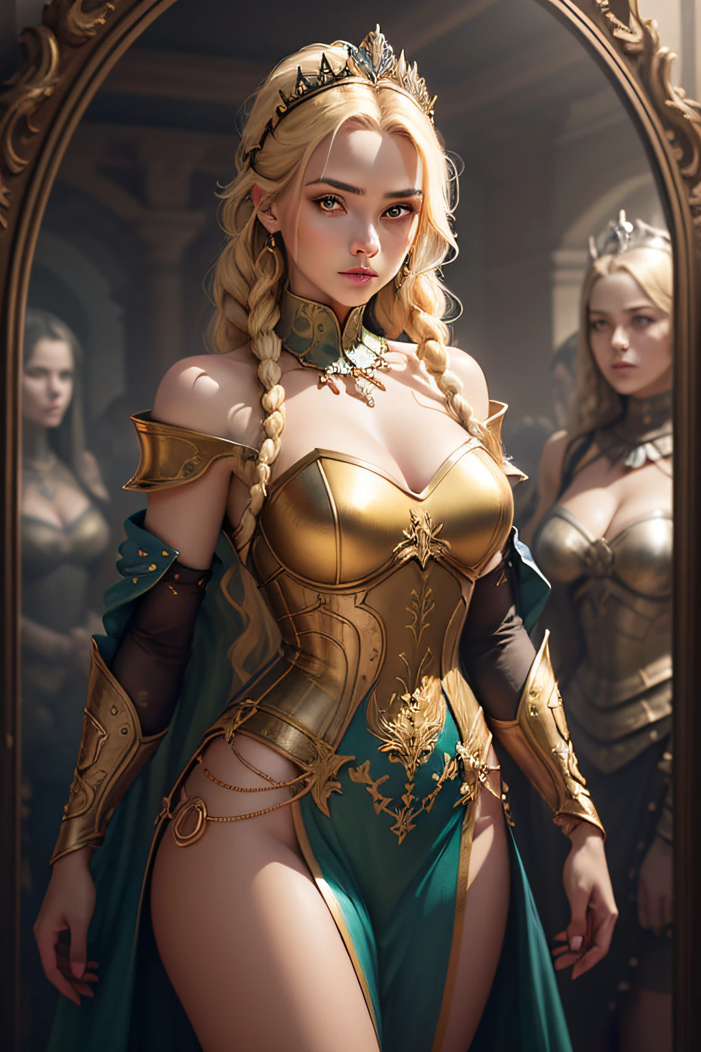 Blonde haired woman with braids, (medieval punk green neckline armor). Bright chrome gold lingerie with sharp reflections. Gems. Bare shoulders. (tiara). Low muscle definition. Beautiful legs. Bare shoulders visible. Detailed lighting. Artwork. Extreme beauty. Clothing with intense colored gradient effect. Professional image with high saturation. Professional camera. Illustration. Vibrant colors. vibrant yellow eyes, thin, nordic, bright golden eyes