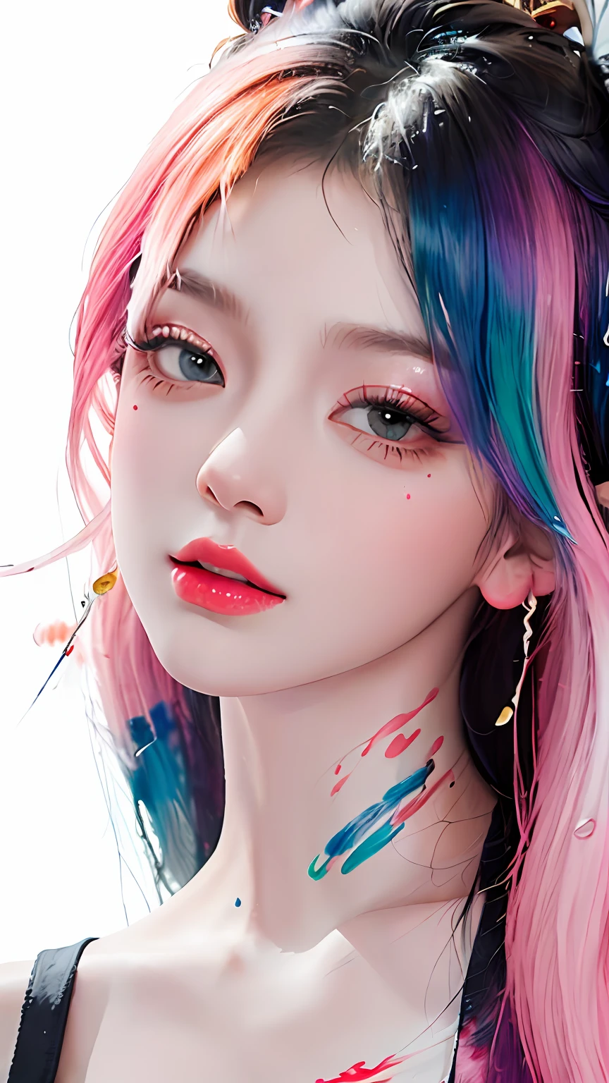 (Masterpiece, Best Quality, High Resolution), White Background, ((Paint Splash, Color Splash, Splash of Ink, Color Splash)), Sweet Chinese Girl, Rainbow Hair, Pink Lips, Front, Upper Body