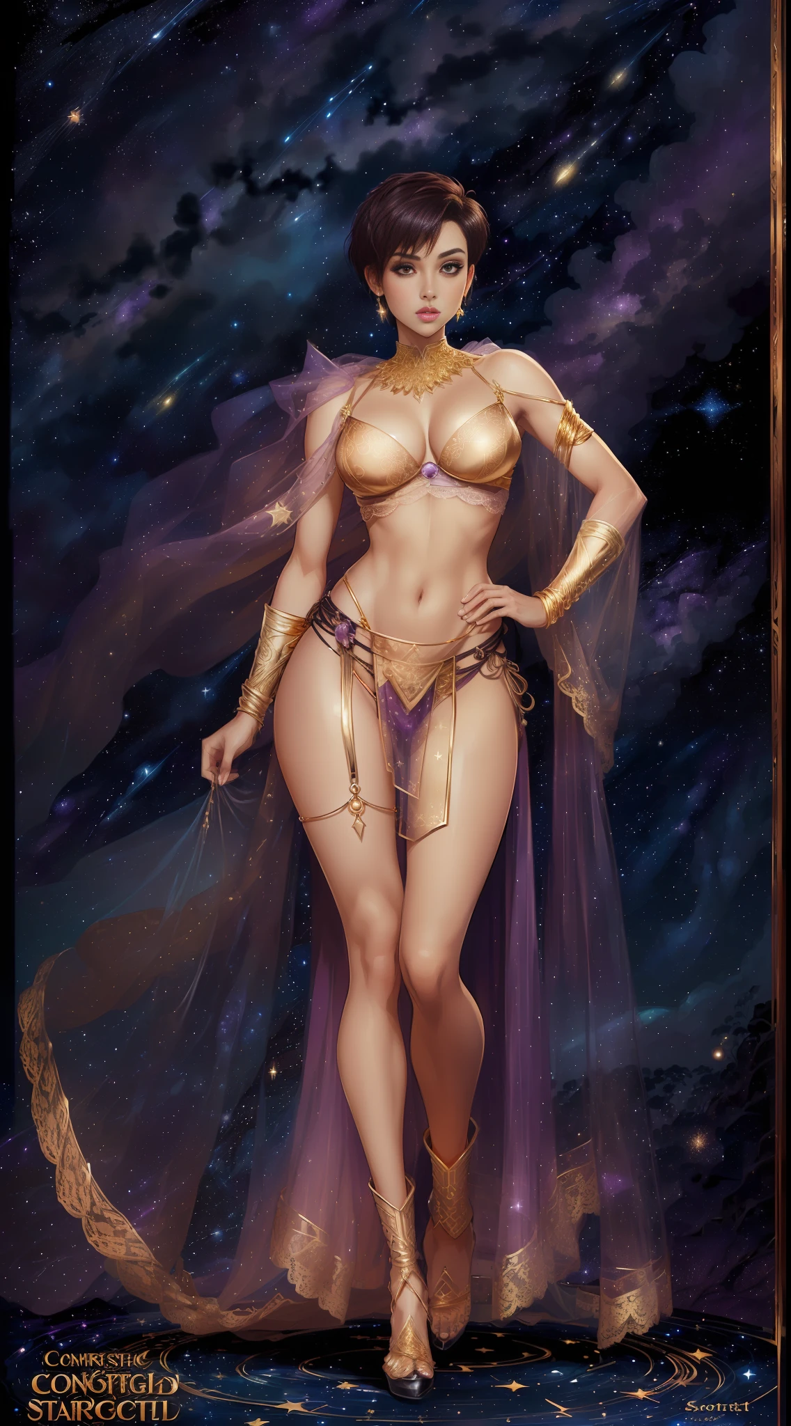 ((full body)), (((head to toe))), 1 female, solo, beautiful blushing slender Sagittarius of Scorpio (((with short hair))), small bust, narrow waist, thin legs, (((against Sagittarius starry sky background))), (((gorgeous gold lace brassiere, loincloth))), amethyst necklace, amethyst tiara, gold veil, (((American comic style with dark contours))), (((art by J. Scott Campbell)))