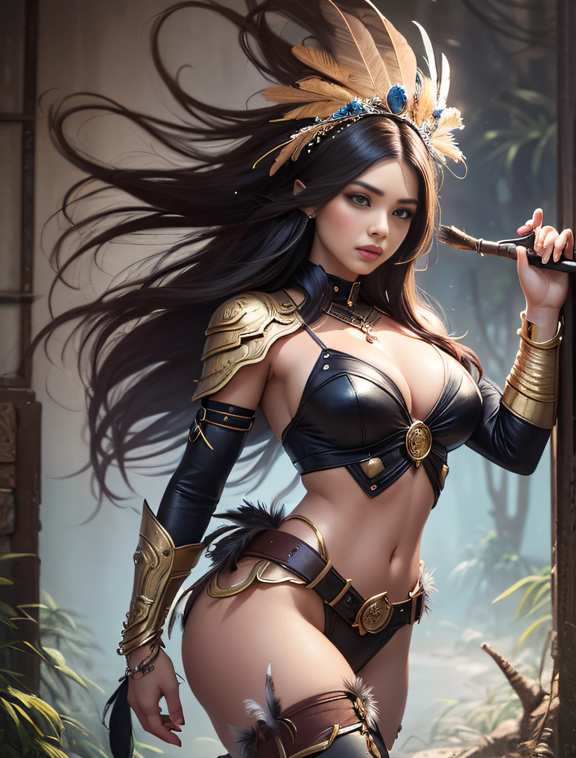 painting of amazon woman with feathers , stunning digital illustration, fantasy art behance, full length portrait of princess of the tribes of Brazil, ((dynamic pose)) in ((feather and leather outfit)) Karol Bak UHD, fantasy concept art portrait, fantasy portrait art, detailed painting 4K, Deviantart Artstation CGSCOSIETY, beautiful digital artwork, Alena Aenami and Artgerm, Amazon warrior, Amazons in the jungle