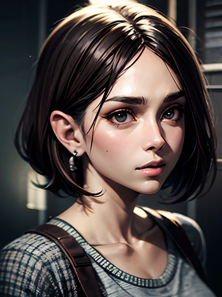 [25-year-old female],[face: Oval], [eyes: narrow eye shape, brown color, thick and curved eyebrow shape], [Nose: Tall shape, big hole], [Mouth: thick lip shape, Neat teeth], [Chin: square chin shape, Strong jaw chin], [Hair: Short hairstyle, brown color,], [Ears: Big ear shape], [Skin: brown skin color, Smooth skin texture], [Facial expression: moody], [Hand: left hand using black watch, left hand using mobile phone] [Top clothes: T-shirt, brown color, plaid pattern, delicate texture, casual wear style, folded clothing design, well-maintained clothing condition] Professional photograph of a stunning man detailed, cinematic lightning, octane render, unreal engine, volumetrics dtx