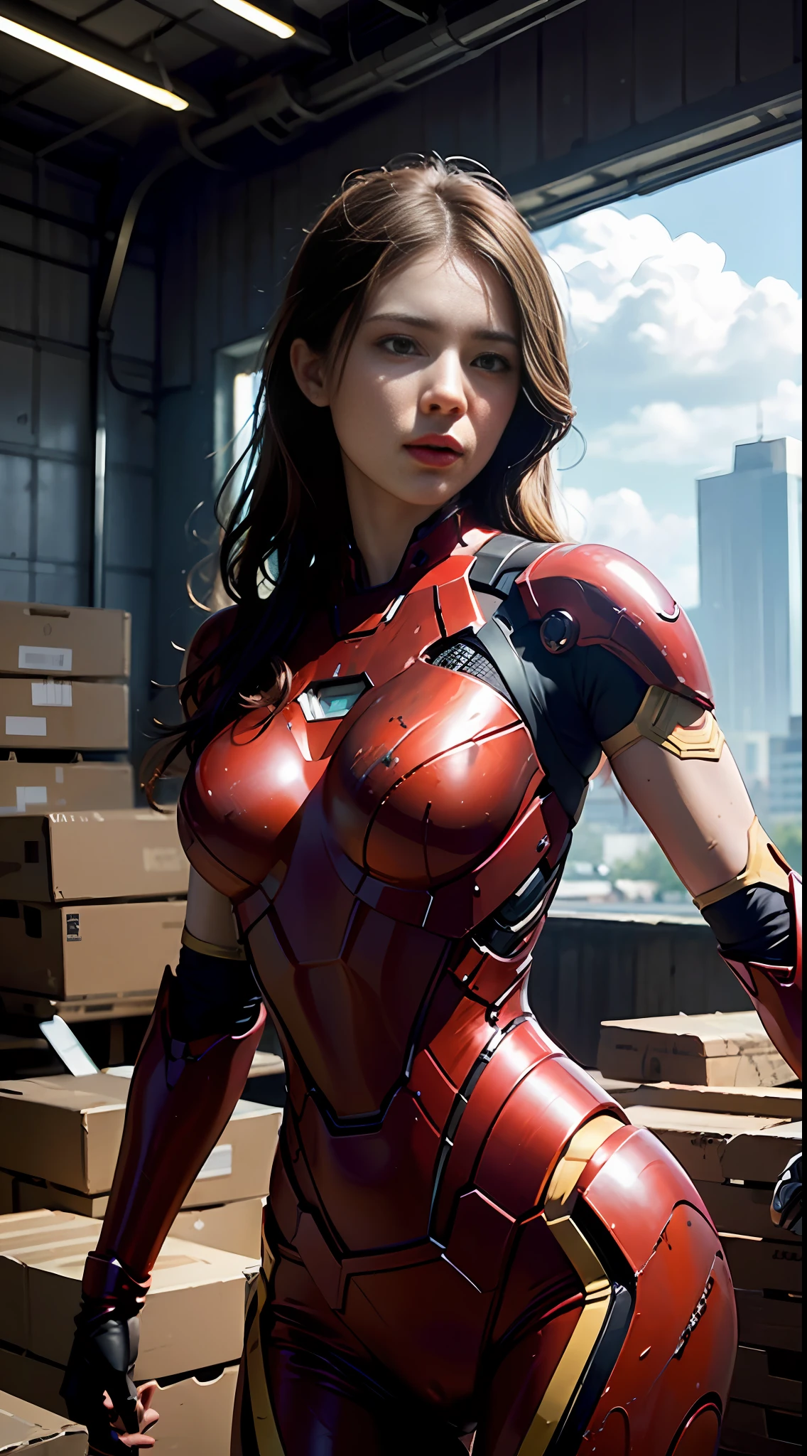 8k, realistic, attractive, highly detailed, a 20 year old girl a sexy and attractive woman inspired by Iron Man wearing a shiny Iron Man mech. She dresses with sexiness and confidence, perfectly interpreting Iron Man&#39;s strength and charisma. The abandoned warehouse serves as a backdrop, creating a unique atmosphere that highlights her bravery and perseverance. The cloudy sky adds a sense of tension and mystery to the whole scene. This high-definition, high-quality picture will bring you a shocking visual experience. The detailed abandoned warehouse and shiny mechs will keep your eyes on you. oc rendering, dramatic lighting, award winning quality