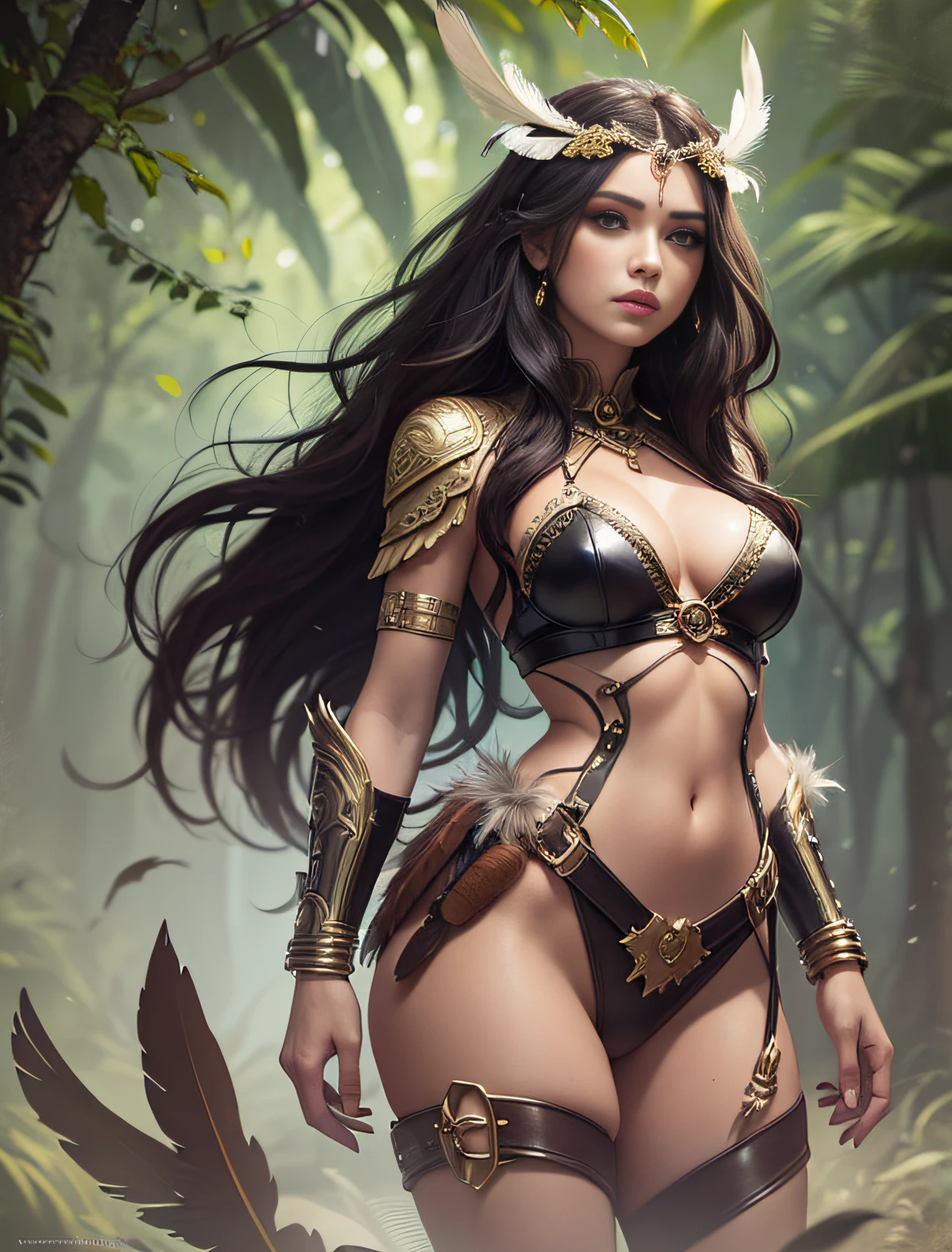 painting of amazon woman with feathers , stunning digital illustration, fantasy art behance, full length portrait of princess of the tribes of Brazil, ((dynamic pose)) in ((feather and leather outfit)) Karol Bak UHD, fantasy concept art portrait, fantasy portrait art, detailed painting 4K, Deviantart Artstation CGSCOSIETY, beautiful digital artwork, Alena Aenami and Artgerm, Amazon warrior, Amazons in the jungle