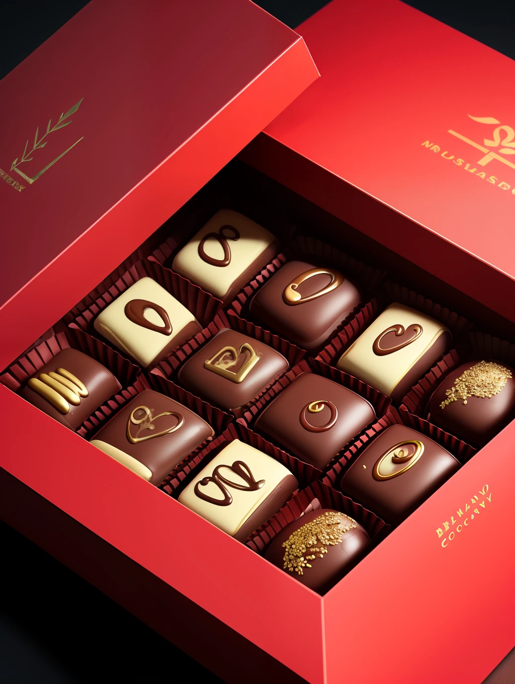 Masterpiece, Minimalism, close-up view from top, product photo extremely detailed, luxury candy box with Belgium chocolate candies inside, 8k, uhd