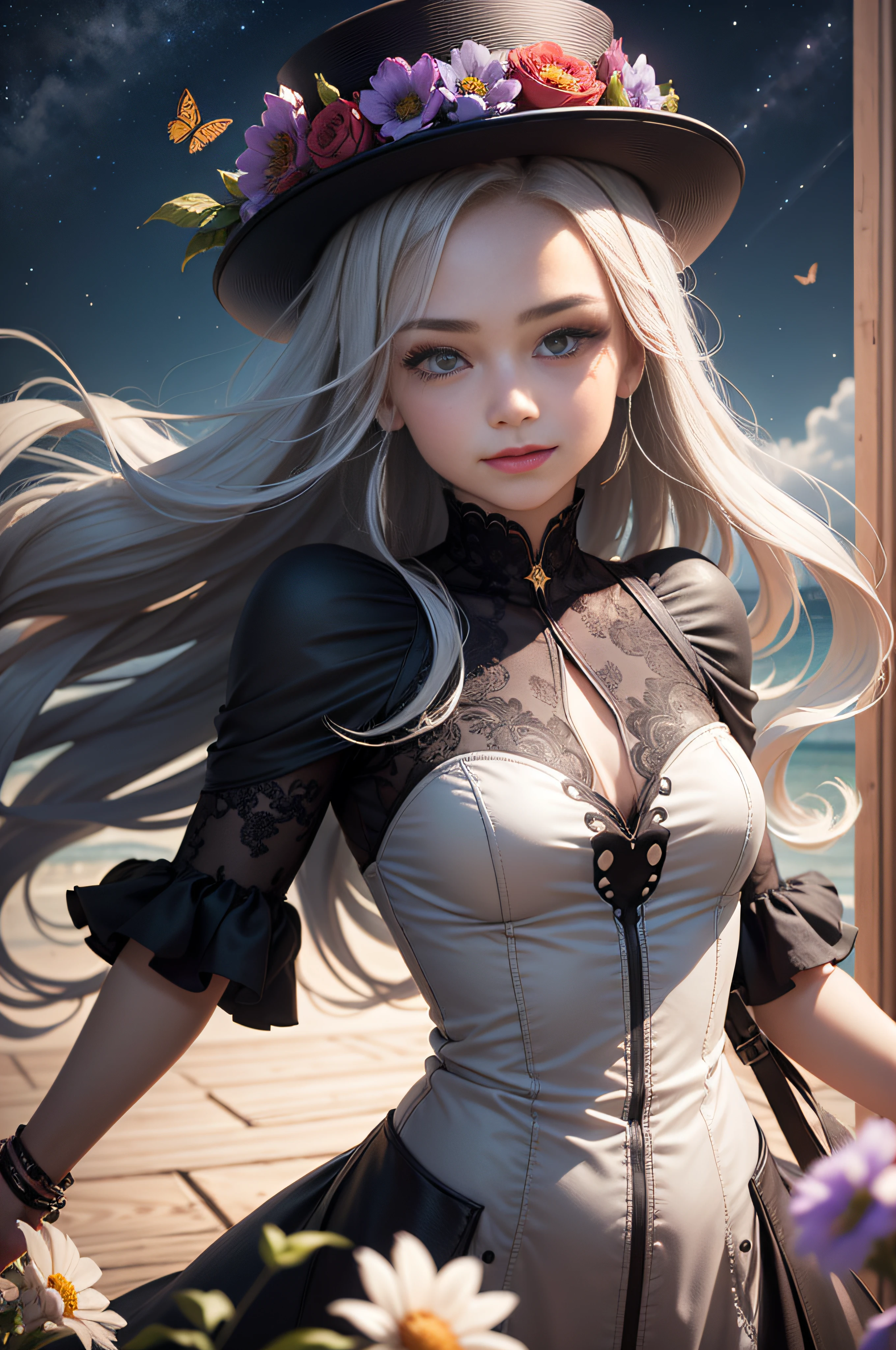 Art, Style, 1 Girl, High Resolution, High Quality, Masterpiece, Purple Eyes, Small Hat, Long Hair, Fine Hair, Gray Hair, Dynamic Angle, (Delicate Eyes), (Depth of Field), Dynamic Pose, Dynamic Light, Purple Flowers, Clock, Stars \ (Sky), Floating Hair, Smile, Nikkon D6, 50mm Lens F2.0, Butterfly, Focus on Eyes, Clear Focus on Face, Gray Background,