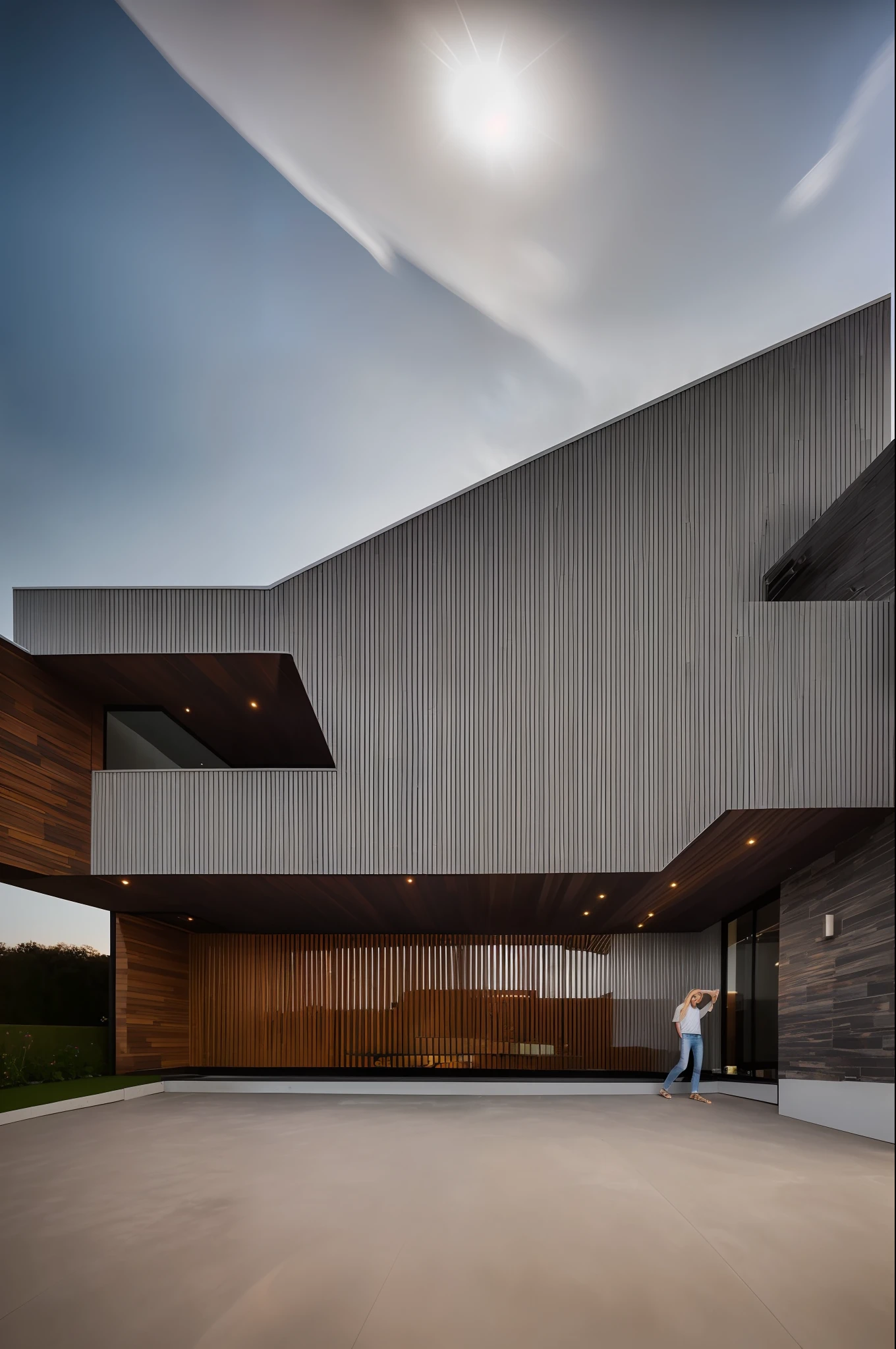 dvArchModern, 85mm, f1.8, portrait, photo realistic façade, hyperrealistic, prayerful, super detailed, intricate, dramatic, sunset lighting, shadows, high dynamic range, white walls, led lights, luxury, pool