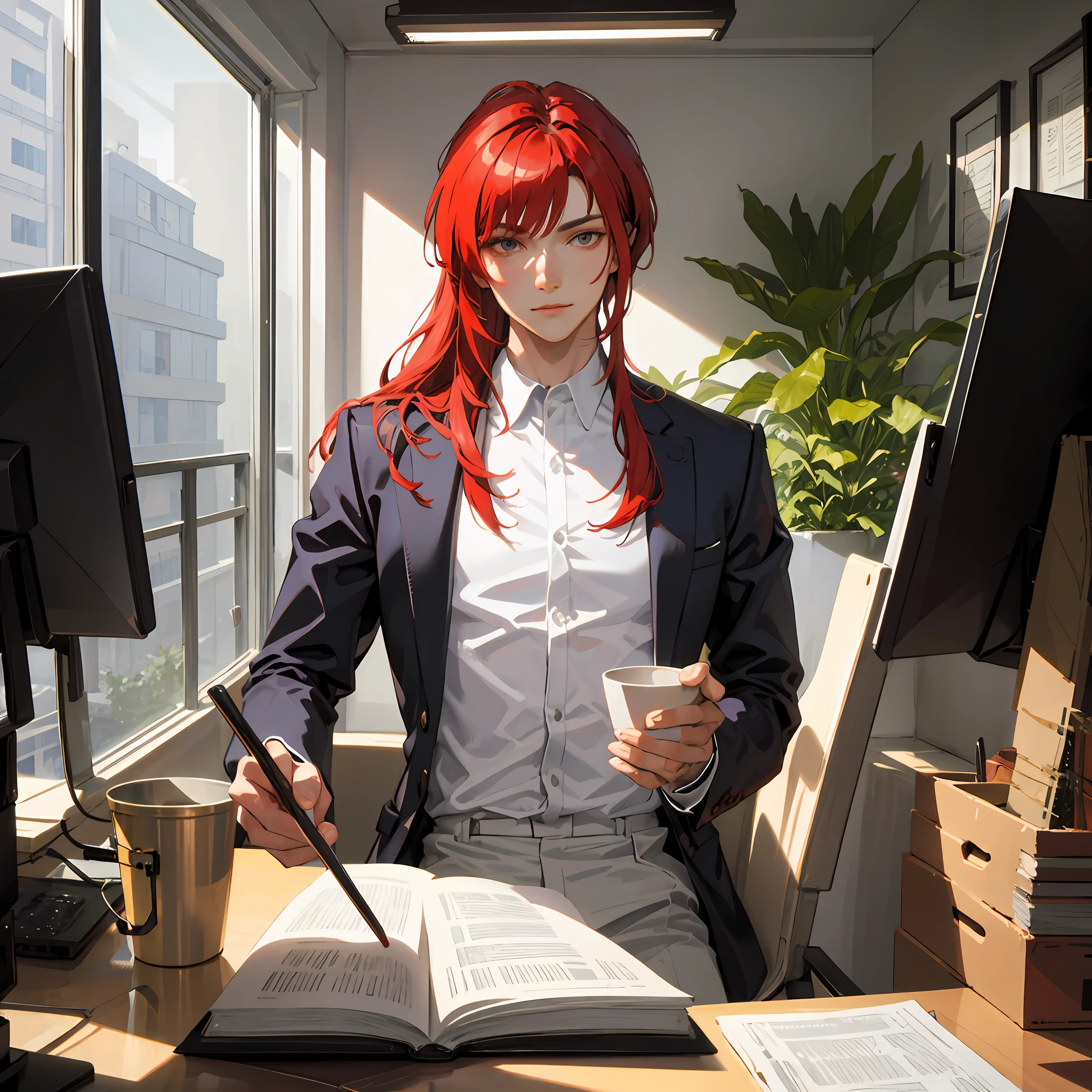Masterpiece, superlative, realistic, indoor, in the office, a pot of fortune tree, exquisite, 1 man, red hair, black suit, handsome,