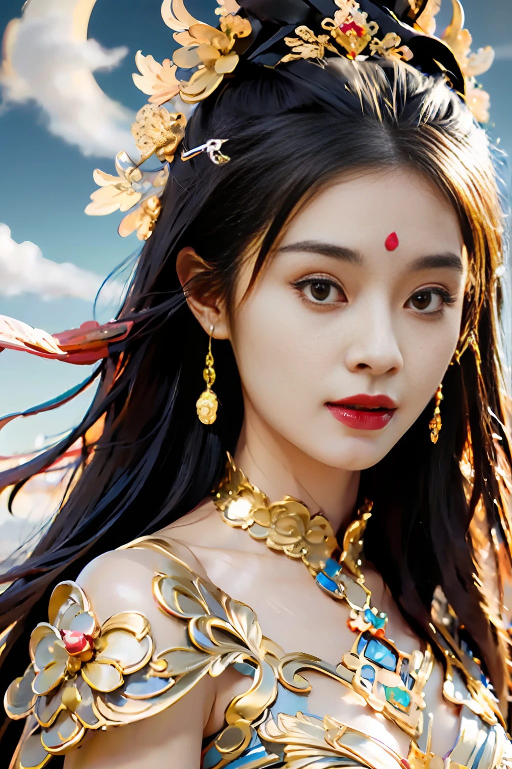 Full Shot, Masterpiece, Night, Milky Way, Moon, Best Quality, Full Body Shot, Period Costume, Realistic, 1 Girl, Urzang, (PureErosFace_V1:0.7), 1 Girl Under the Moon ((Flying)), Chinese Immortals, dunhuang_cloths, dunhuang_style, (Chinese palace in the sky in the background: 1.5), (clouds on the ground: 1.5, surrounded by smoke: 1.5), best quality, realistic, realistic, award-winning illustrations, (complex details: 1.2), (fine details), (intricate details), (cinematic light, best quality backlight), clear lines, fashion girl, sharp focus, realistic face, detailed face, official art, Unity 8k wallpaper, super high resolution, (realistic: 1.5), looking at the viewer, ulzzang-6500,