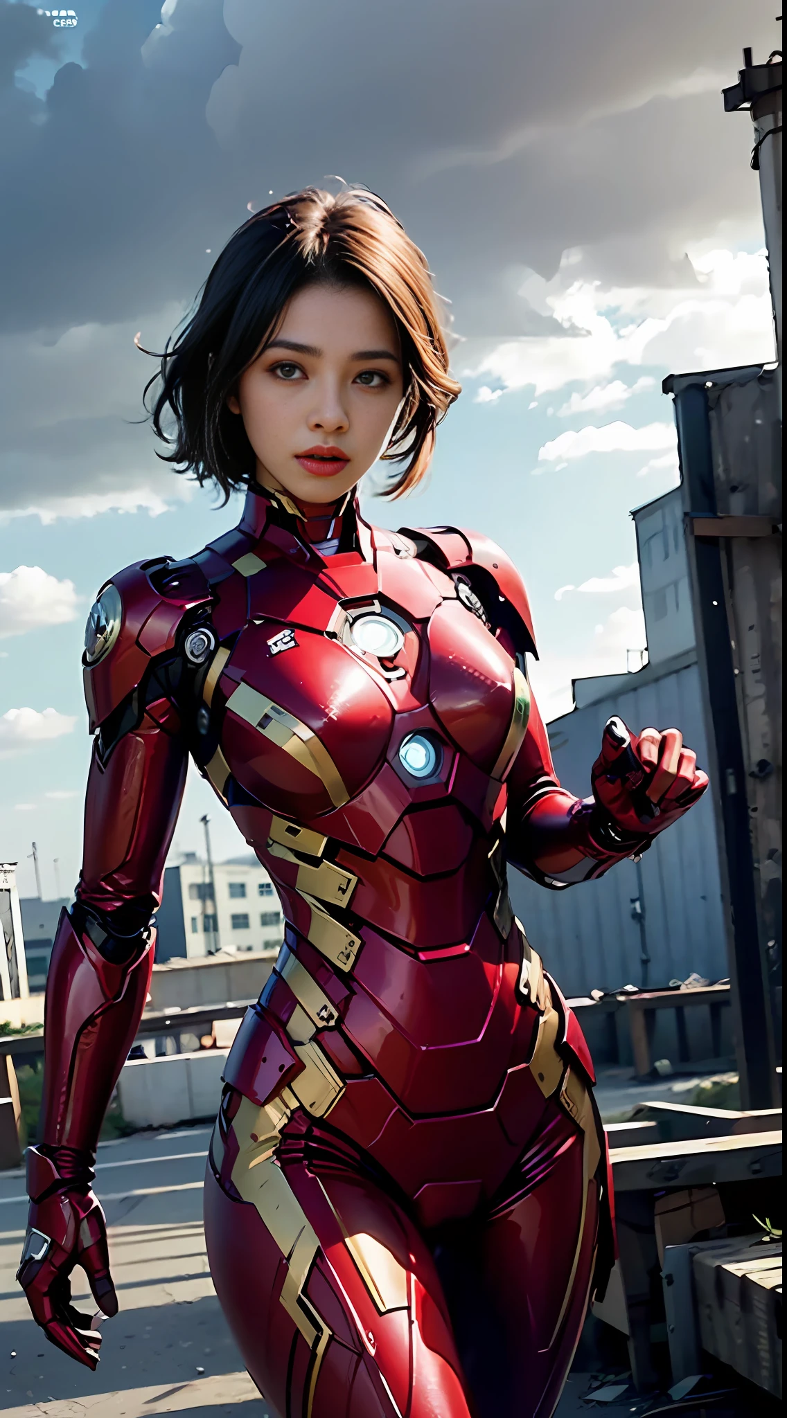 8k, realistic, attractive, highly detailed, a 20 year old girl a sexy and attractive woman inspired by Iron Man wearing a shiny Iron Man mech. She dresses with sexiness and confidence, perfectly interpreting Iron Man's strength and charisma. The abandoned warehouse serves as a backdrop, creating a unique atmosphere that highlights her bravery and perseverance. The cloudy sky adds a sense of tension and mystery to the whole scene. This high-definition, high-quality picture will bring you a shocking visual experience. The detailed abandoned warehouse and shiny mechs will keep your eyes on you. oc rendering, dramatic lighting, award winning quality