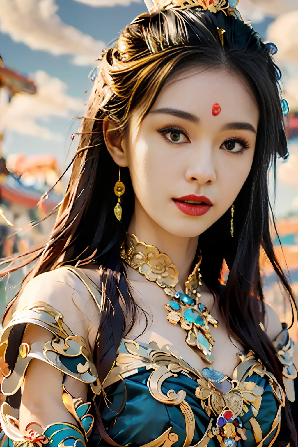 Full Shot, Masterpiece, Night, Milky Way, Moon, Best Quality, Full Body Shot, Period Costume, Realistic, 1 Girl, Urzang, (PureErosFace_V1:0.7), 1 Girl Under the Moon ((Flying)), Chinese Immortals, dunhuang_cloths, dunhuang_style, (Chinese palace in the sky in the background: 1.5), (clouds on the ground: 1.5, surrounded by smoke: 1.5), best quality, realistic, realistic, award-winning illustrations, (complex details: 1.2), (fine details), (intricate details), (cinematic light, best quality backlight), clear lines, fashion girl, sharp focus, realistic face, detailed face, official art, Unity 8k wallpaper, super high resolution, (realistic: 1.5), looking at the viewer, ulzzang-6500，