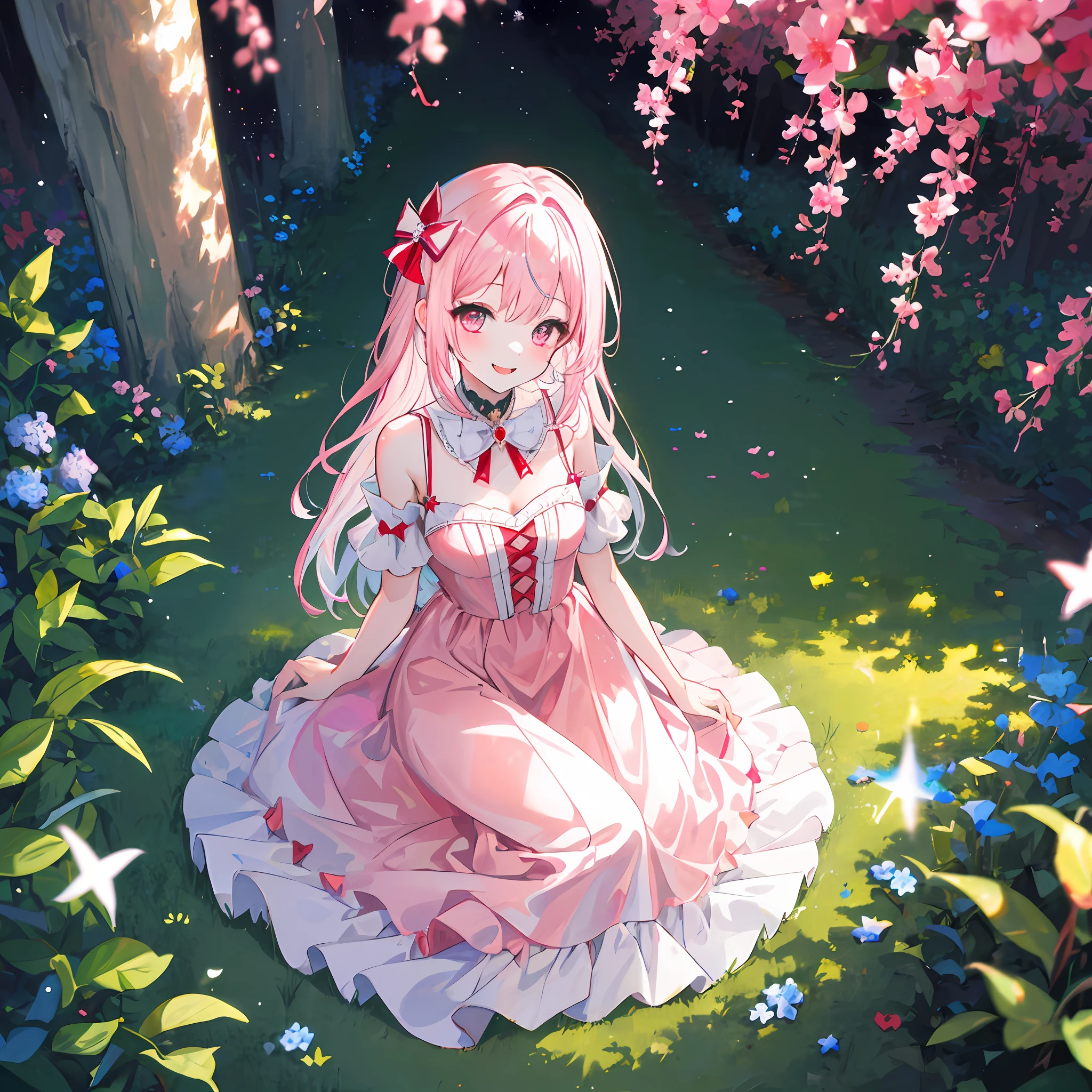 Top quality, masterpiece, high resolution, highly detailed, 8k, one girl, cute, anime, crystal clear white skin, sensual, full body, 2nd grade of junior high school, 13 years old, (hair color is shiny light pink), beautiful cute, bow on head, too many hair ornaments, princess dress, crazy worldview, bloody, eyes glow suspiciously red, fairyland, back road, crazy smile, inviting, crazy