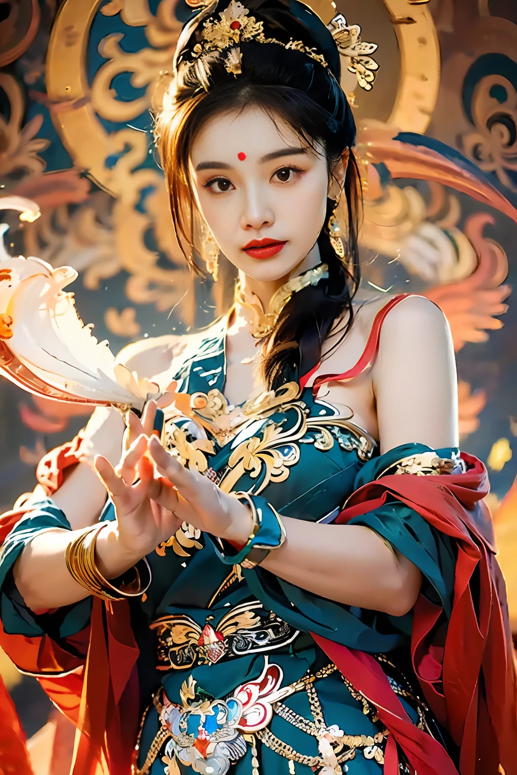 Full Shot, Masterpiece, Night, Milky Way, Moon, Best Quality, Full Body Shot, Period Costume, Realistic, 1 Girl, Urzang, (PureErosFace_V1:0.7), 1 Girl Under the Moon ((Flying)), Chinese Immortals, dunhuang_cloths, dunhuang_style, (Chinese palace in the sky in the background: 1.5), (clouds on the ground: 1.5, surrounded by smoke: 1.5), best quality, realistic, realistic, award-winning illustrations, (complex details: 1.2), (fine details), (intricate details), (cinematic light, best quality backlight), clear lines, fashion girl, sharp focus, realistic face, detailed face, official art, Unity 8k wallpaper, super high resolution, (realistic: 1.5), looking at the viewer, ulzzang-6500，