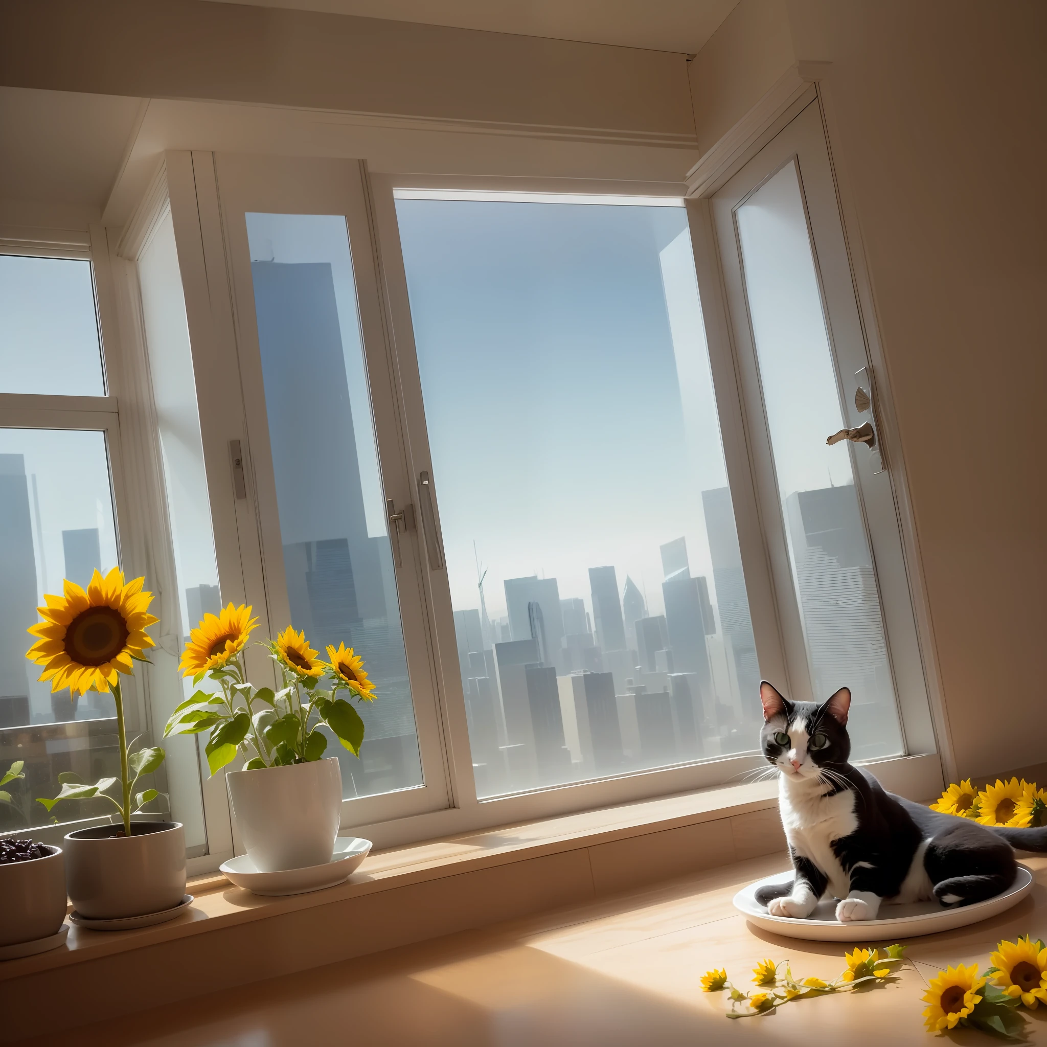 Cat lying on the windowsill of a skyscraper, next to a ((pot with a sunflower and a ((plate with candy))) . ((Spectacular views of skyscrapers .)) Digital painting, artstation, concept art, soft focus, sharp, illustration.