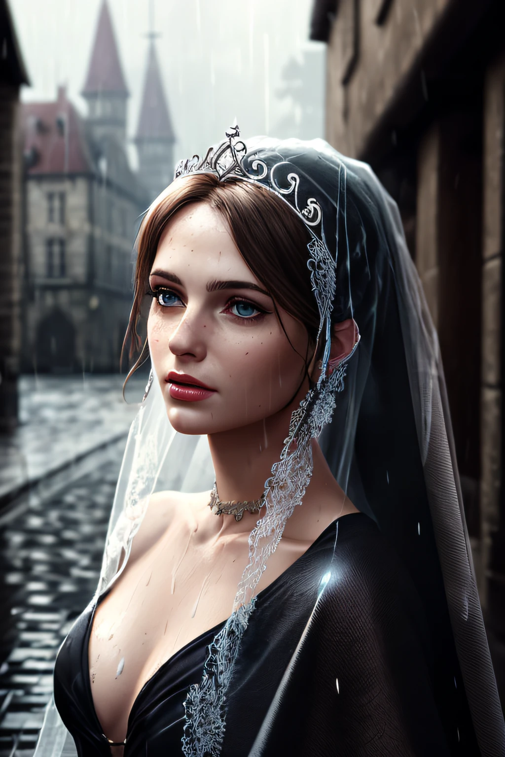 (extremely detailed CG unity 8k wallpaper), a beautiful woman in the rain, wet, wearing crown and veil, sitting, medieval streets, nsfw,,, Style-Glass, full_body_shot, soft lighting, backlit, bright lighting, volumetric lighting, detailed face, highly detailed, painting