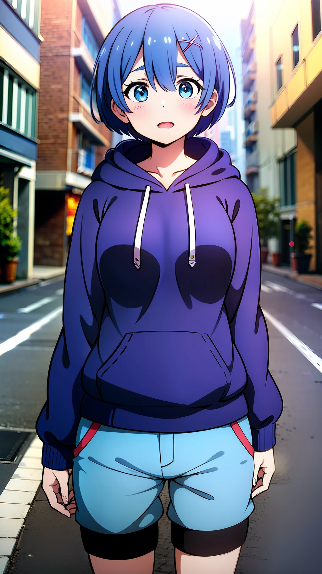 Masterpiece, rem rezero, blue eyes, surprised face, blue hoodie, medium breasts, dark shorts, arms at the sides, in the middle of the street, front view,