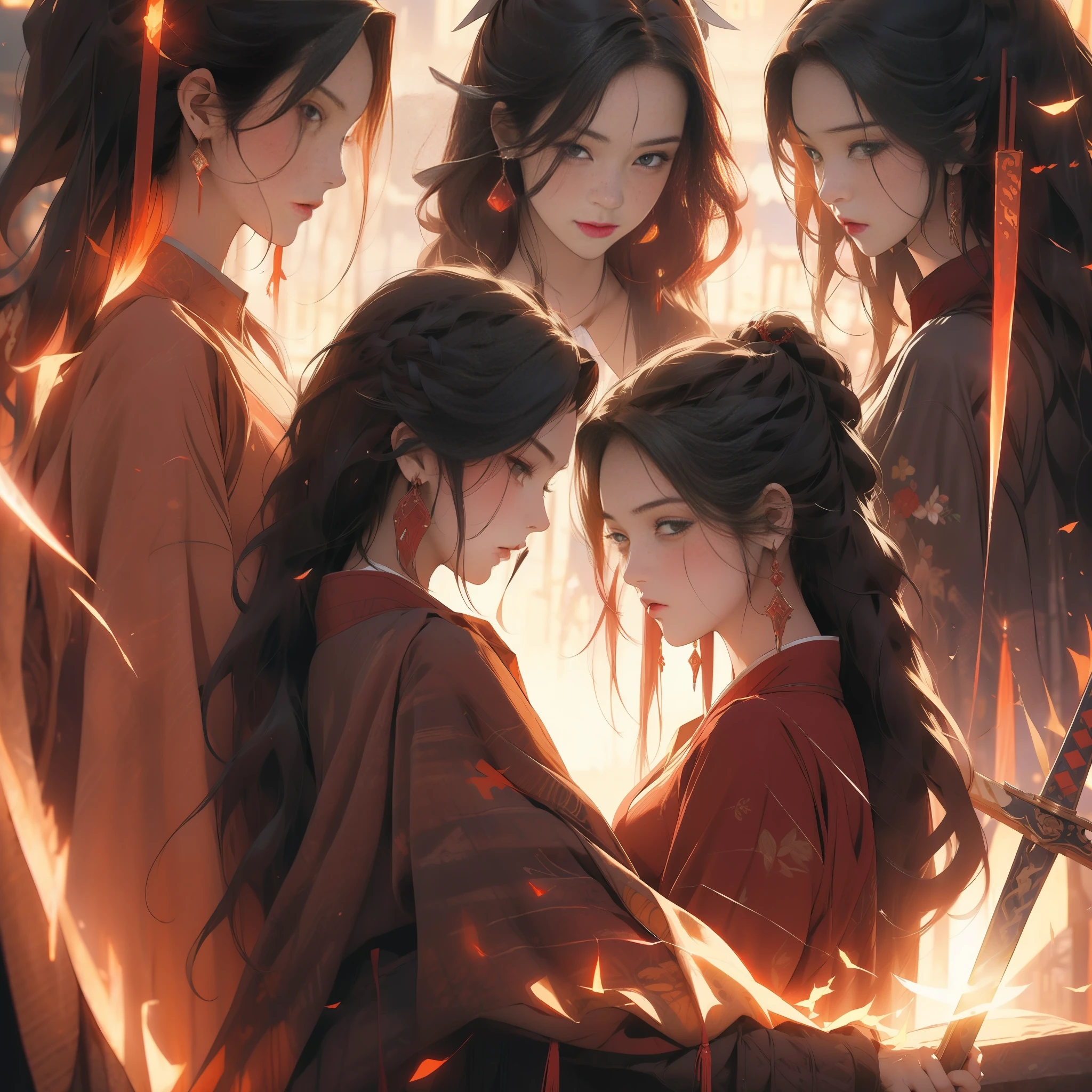 Best Quality, Masterpiece, Ultra High Resolution, Poster, 8k, Very Detailed Faces, 4k Wallpaper, A Girl with a Sword, Red Head Band, Long Black Hair, Long Flowing Hair, Red Belt, Red Sword Qi, A Round of Red Moon, 5 Girls, 5 People Standing Together,