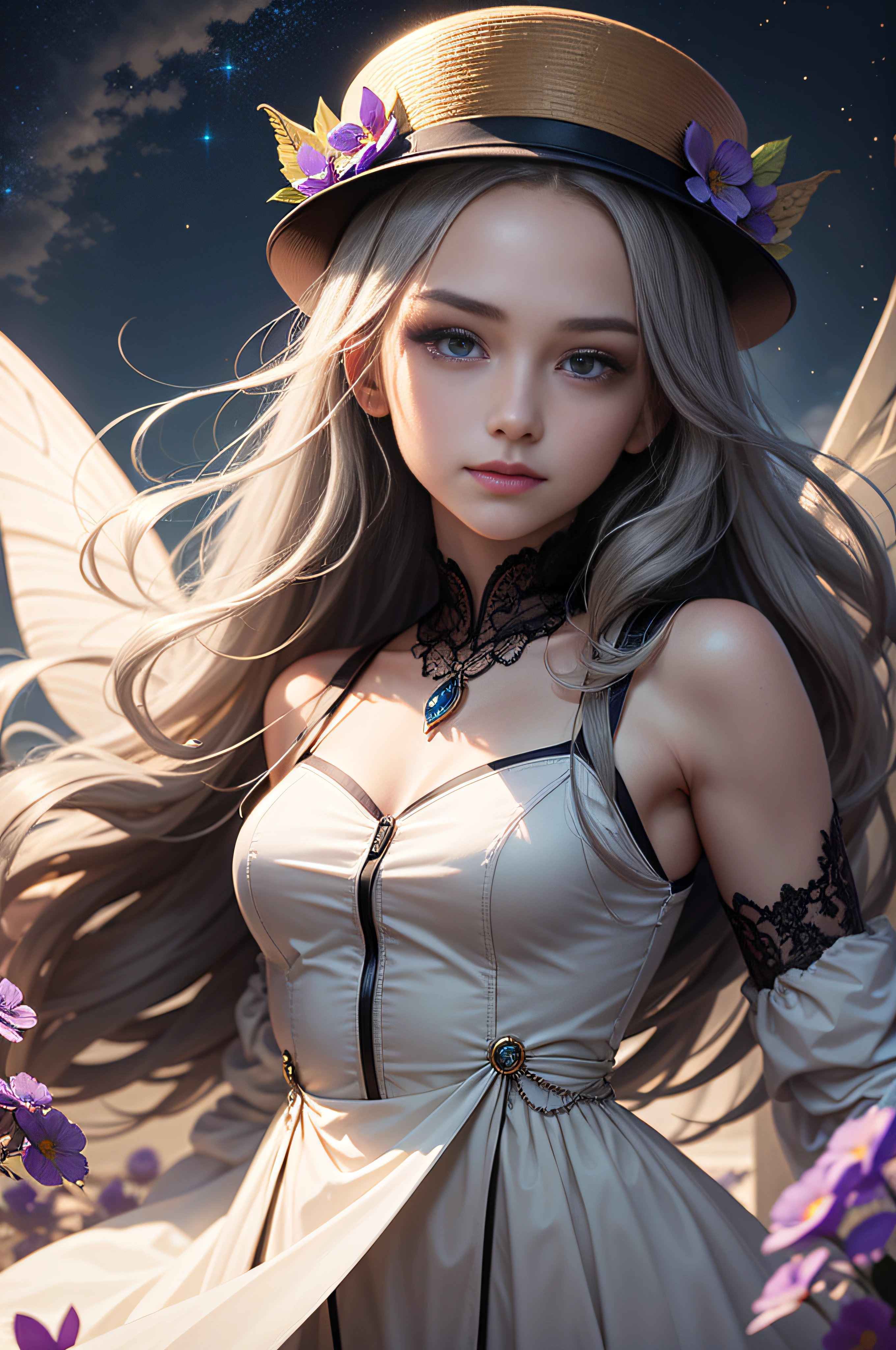 Art, Style, 1 Girl, High Resolution, High Quality, Masterpiece, Purple Eyes, Small Hat, Long Hair, Fine Hair, Gray Hair, Dynamic Angle, (Delicate Eyes), (Depth of Field), Dynamic Pose, Dynamic Light, Purple Flowers, Clock, Stars \ (Sky), Floating Hair, Smile, Nikkon D6, 50mm Lens F2.0, Butterfly, Focus on Eyes, Clear Focus on Face, Gray Background,