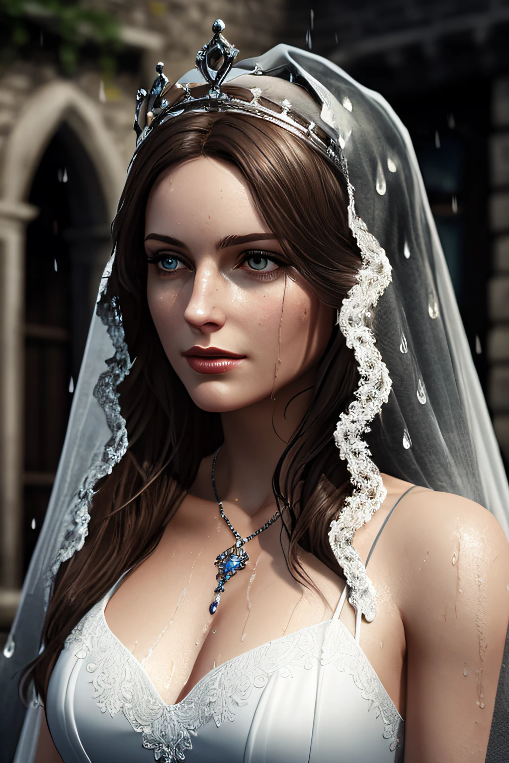 (extremely detailed CG unity 8k wallpaper), a beautiful woman in the rain, wet, wearing crown and veil, sitting, medieval streets, nsfw,,, Style-Glass, full_body_shot, soft lighting, backlit, bright lighting, volumetric lighting, detailed face, highly detailed, painting