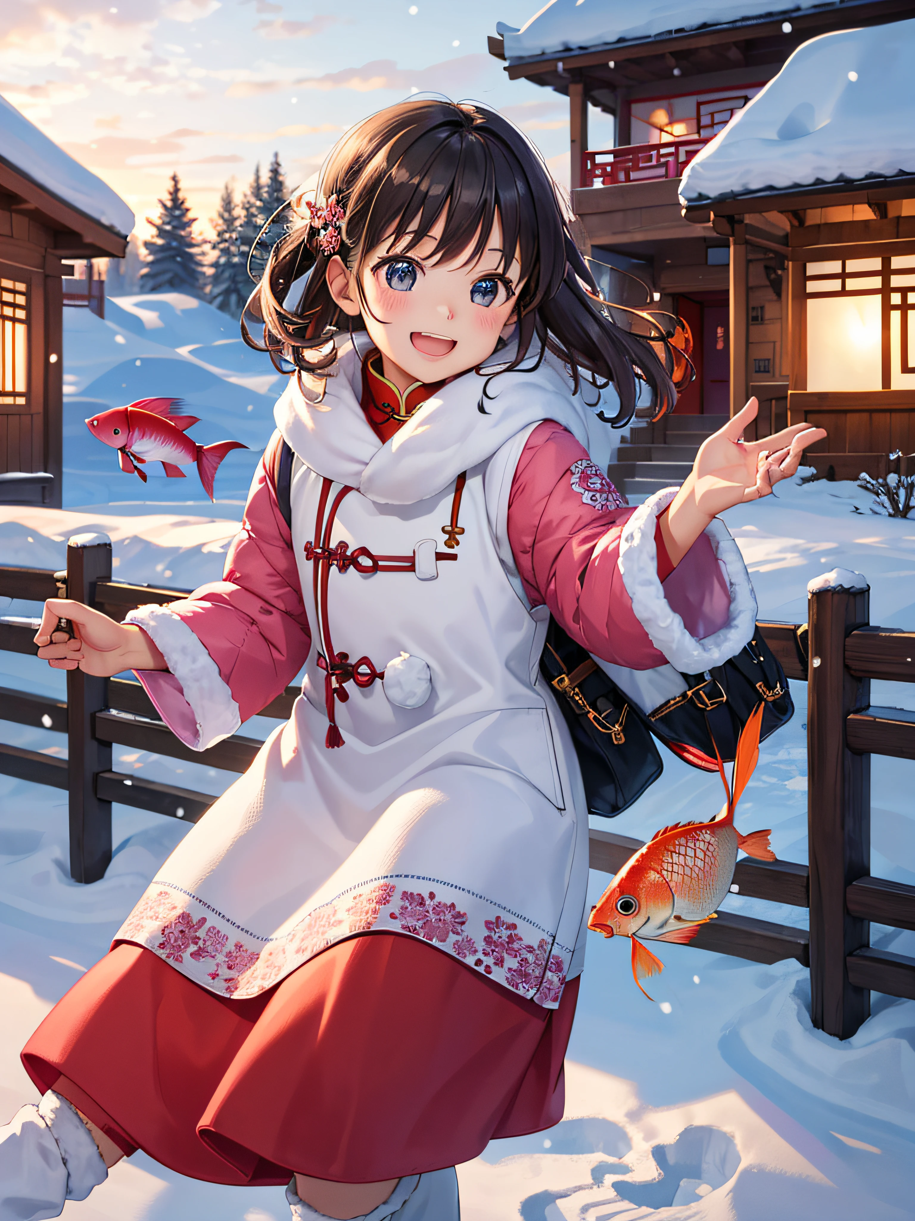 (Masterpiece, Best Quality, Exquisite Details), 1 Girl, Solo, Happy Laughter, Happy, Funny, Background House, Holding Carp, Pink, Beautiful Clothes, Winter, Snow Exquisite Details, 8k, Wallpaper, Chinese Style, Chinese Gods